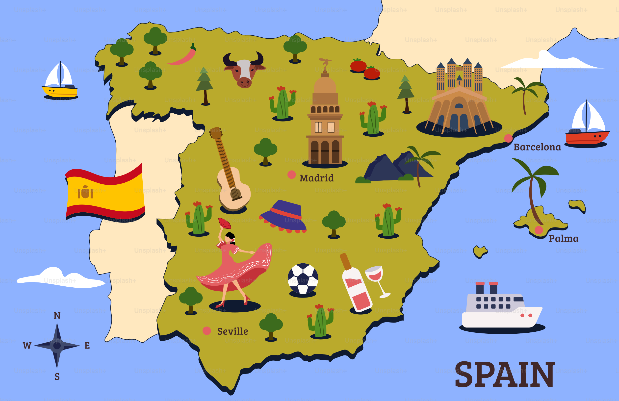 A map of spain with all the main attractions