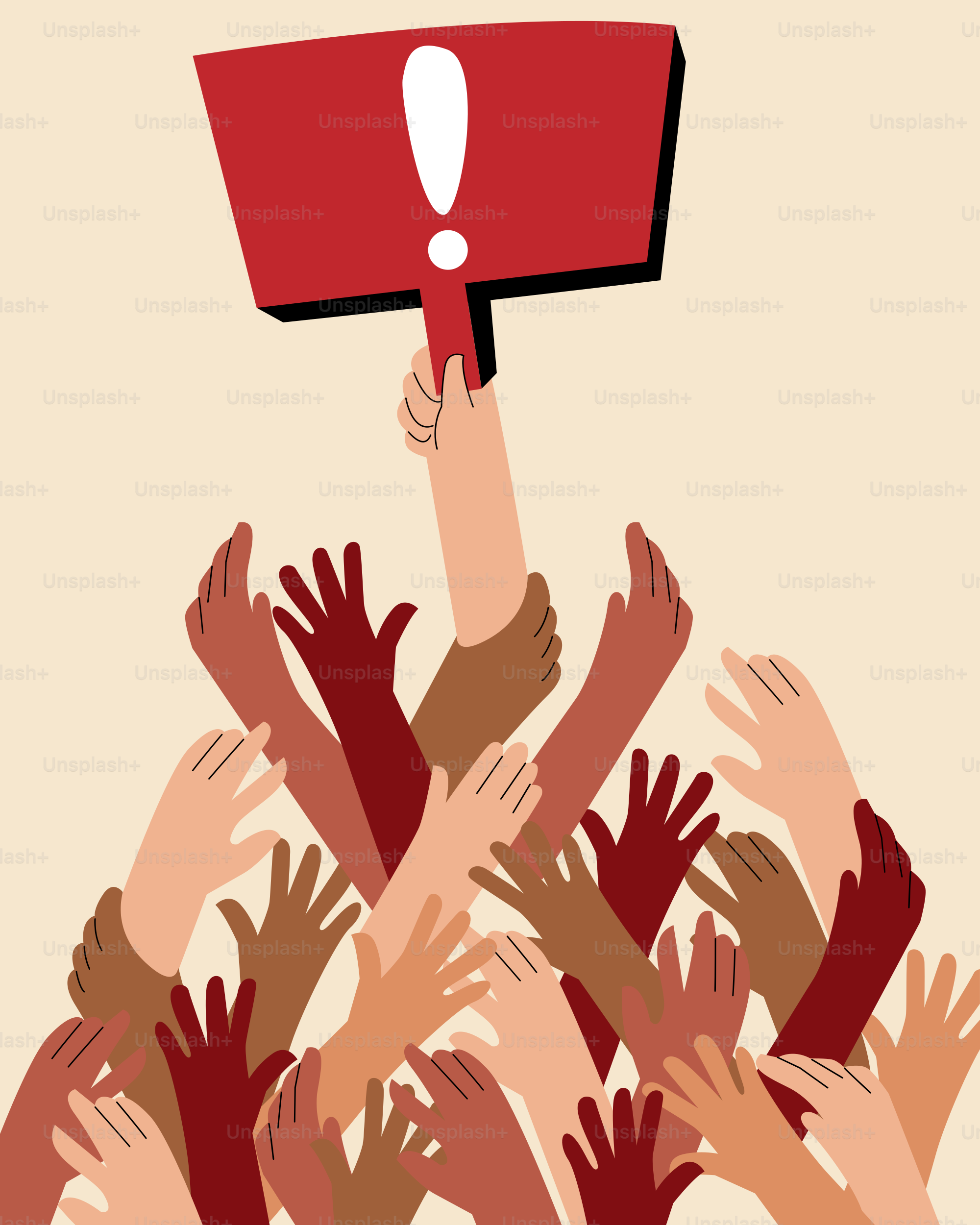 A crowd of people holding up a red sign