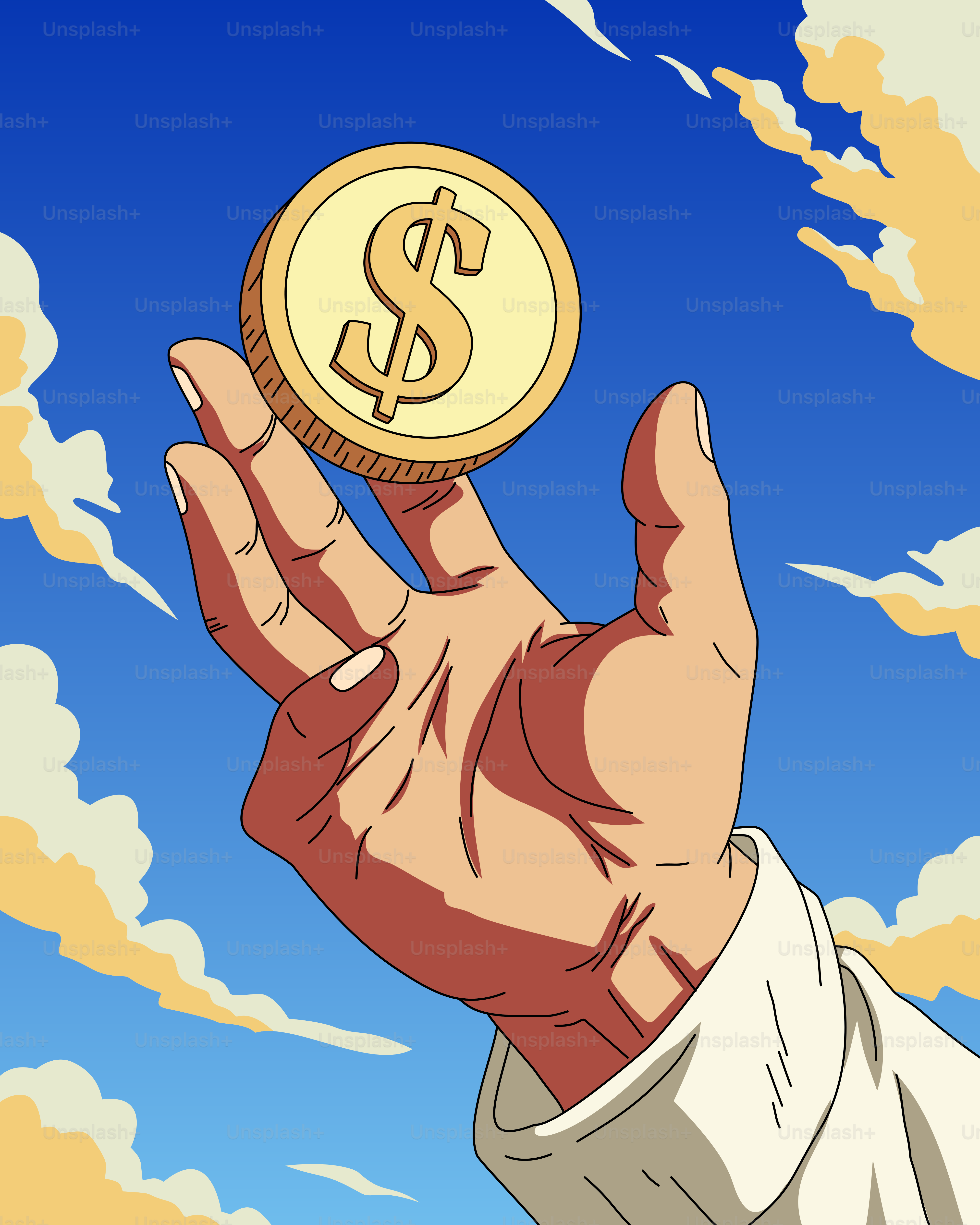 Eine Hand, die eine Münze zum Himmel hält