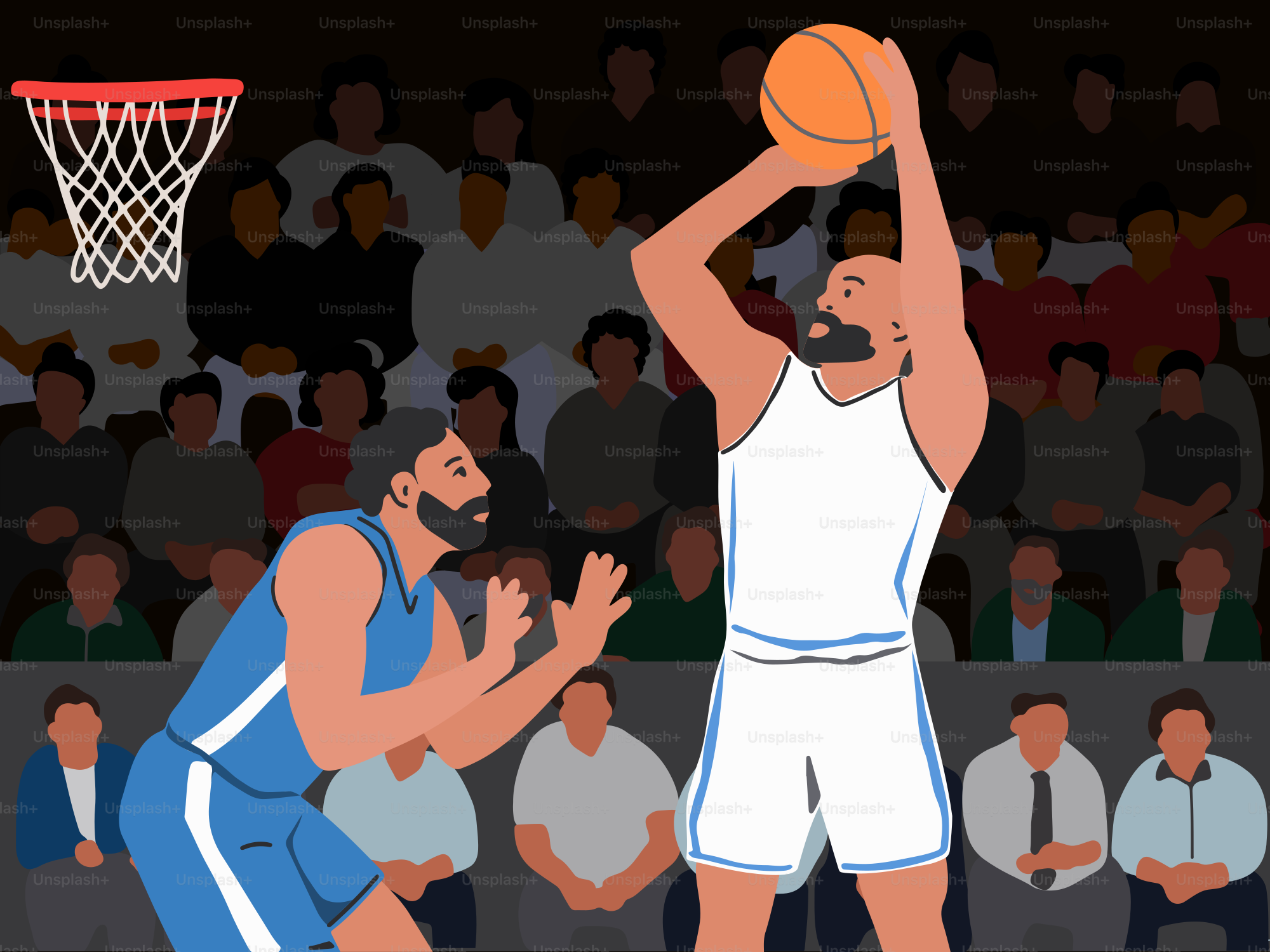 Two men playing basketball in front of a crowd