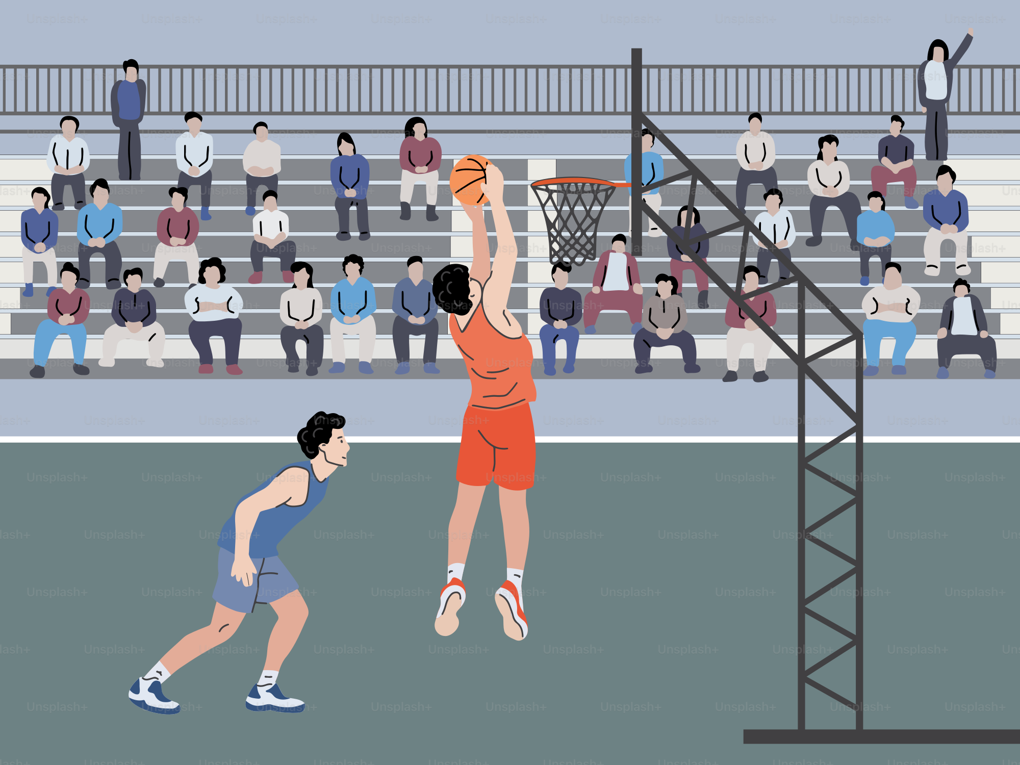Two men playing basketball in front of a crowd