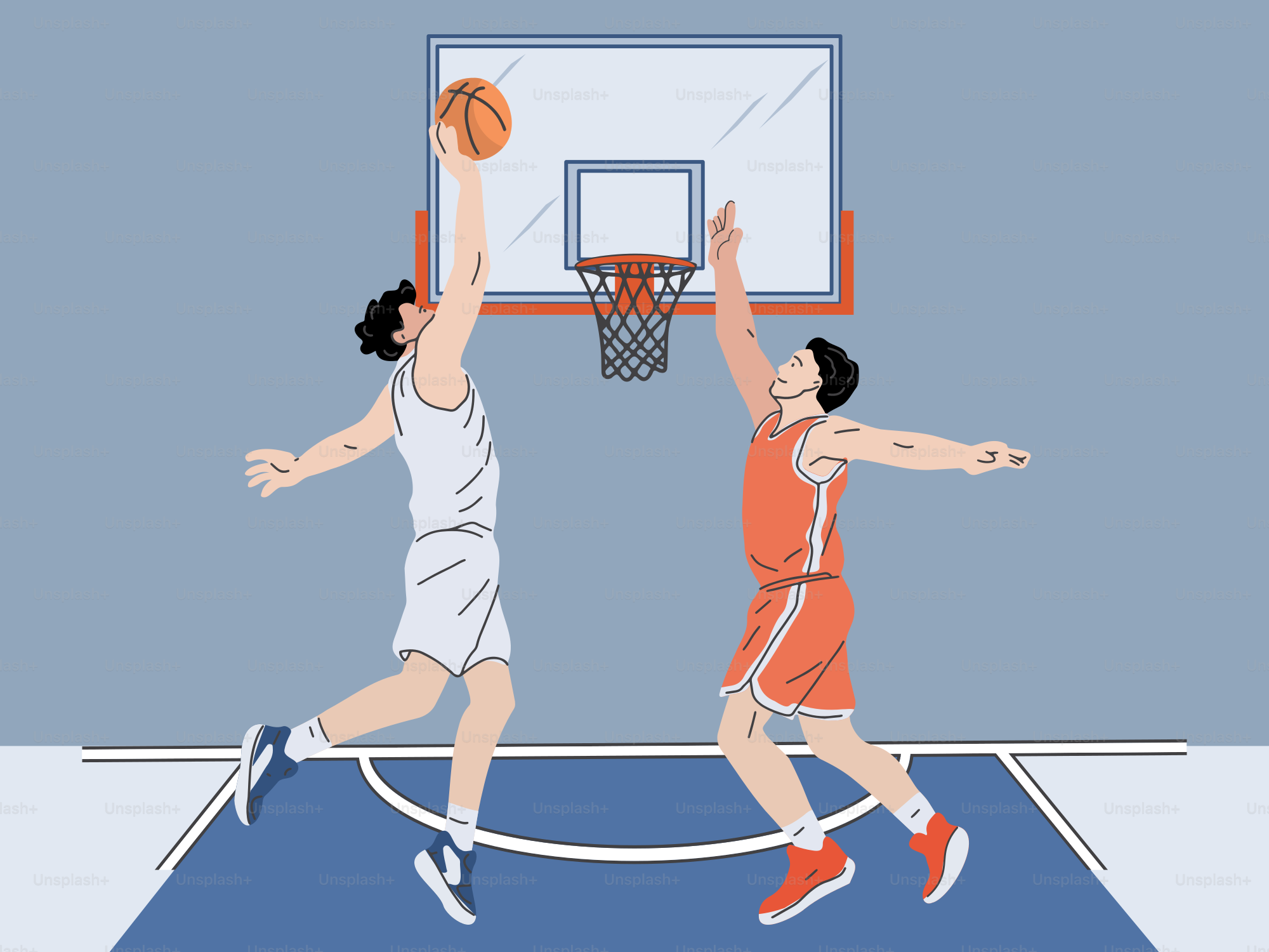 Two people playing basketball on a basketball court