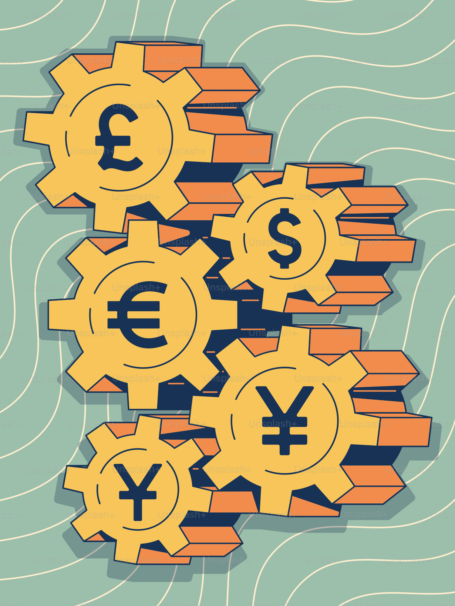 Three gears with currency symbols on them