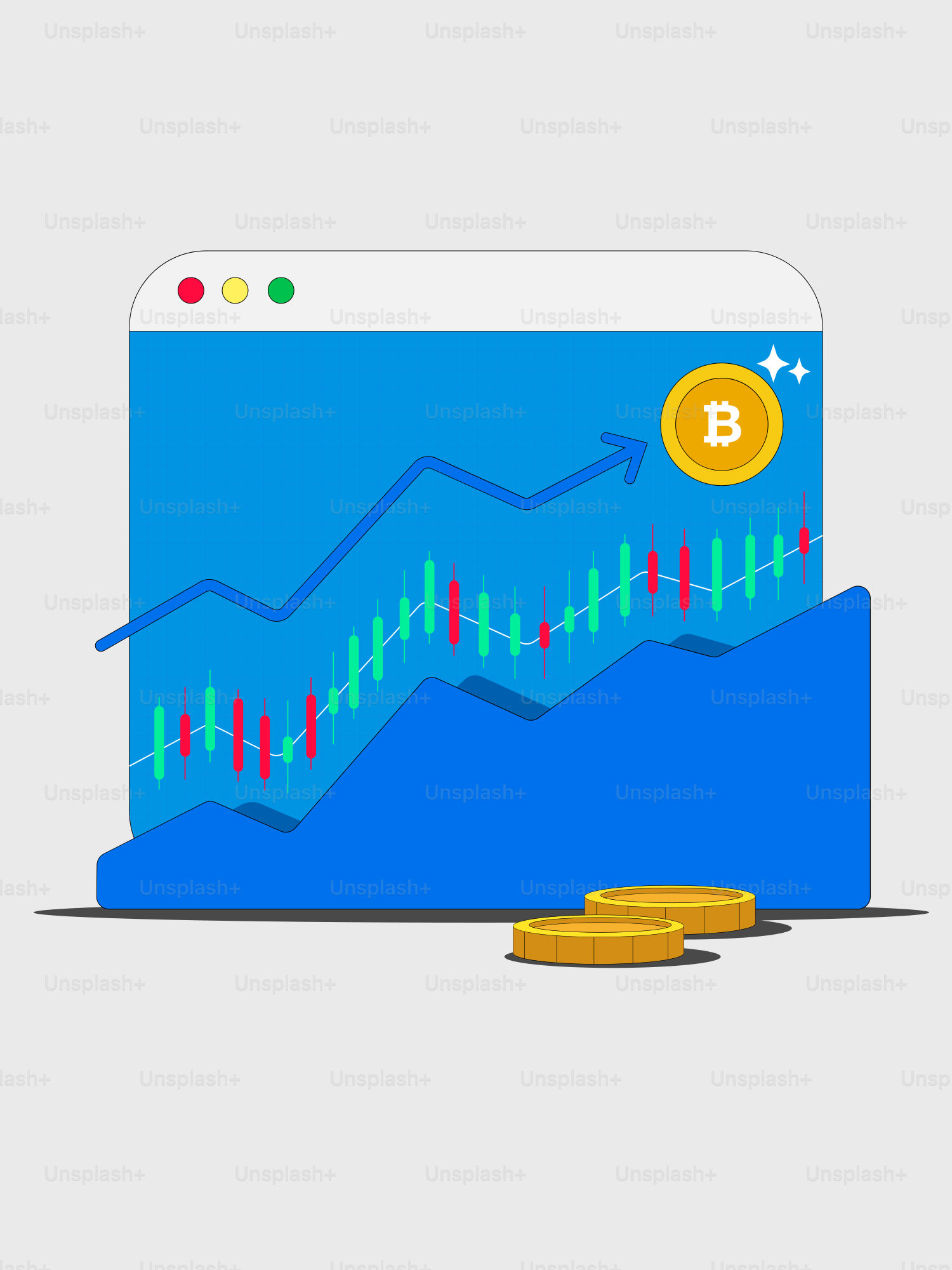 表が映し出されたコンピュータ画面のそばに置かれたコイン