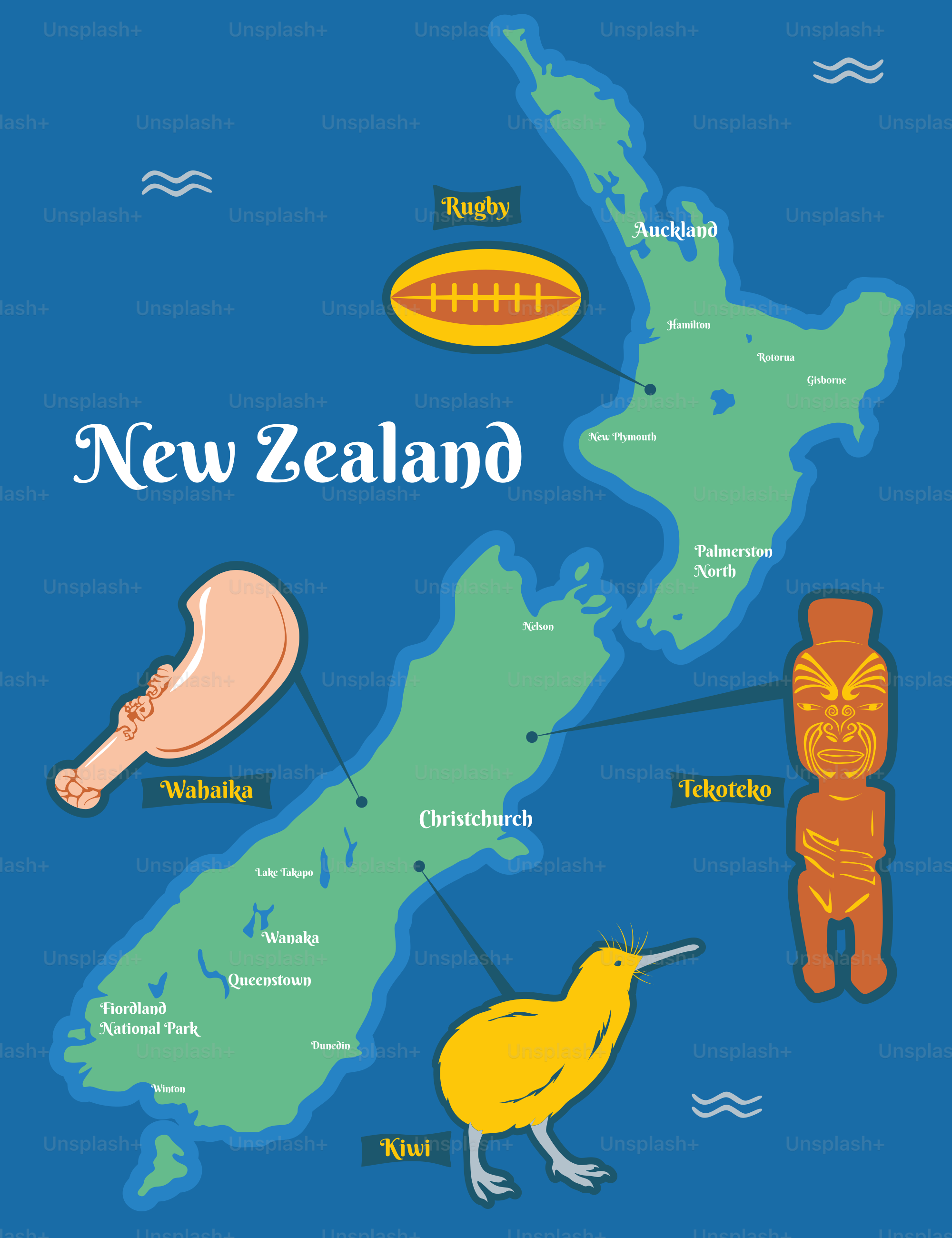 A map of new zealand with a bird and a totem