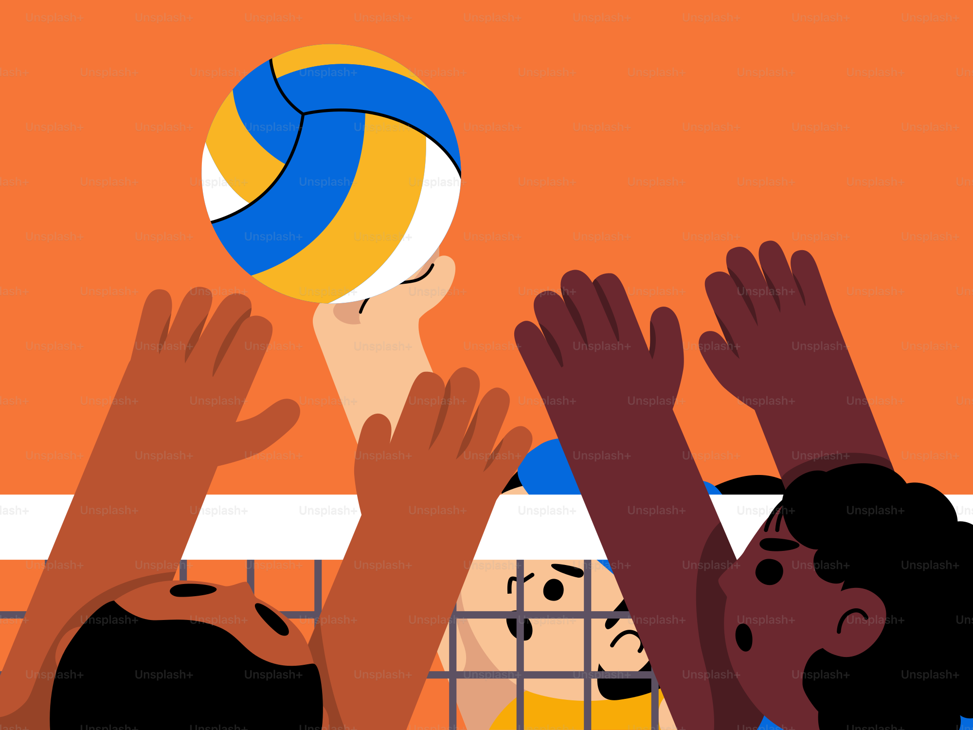 Eine Gruppe von Menschen spielt eine Partie Volleyball