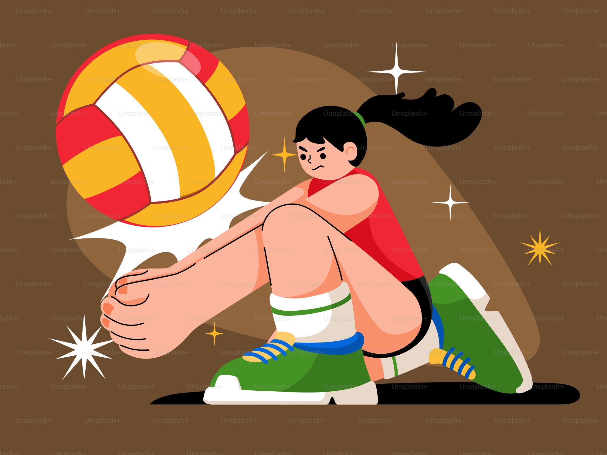 Una mujer sentada en el suelo con una pelota en la mano
