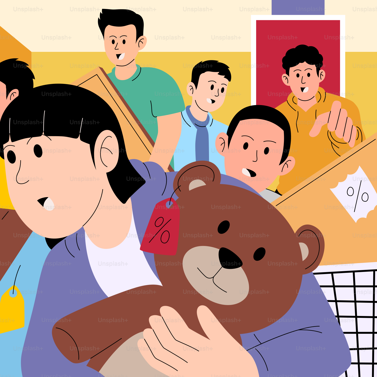 A woman holding a teddy bear in front of a group of people