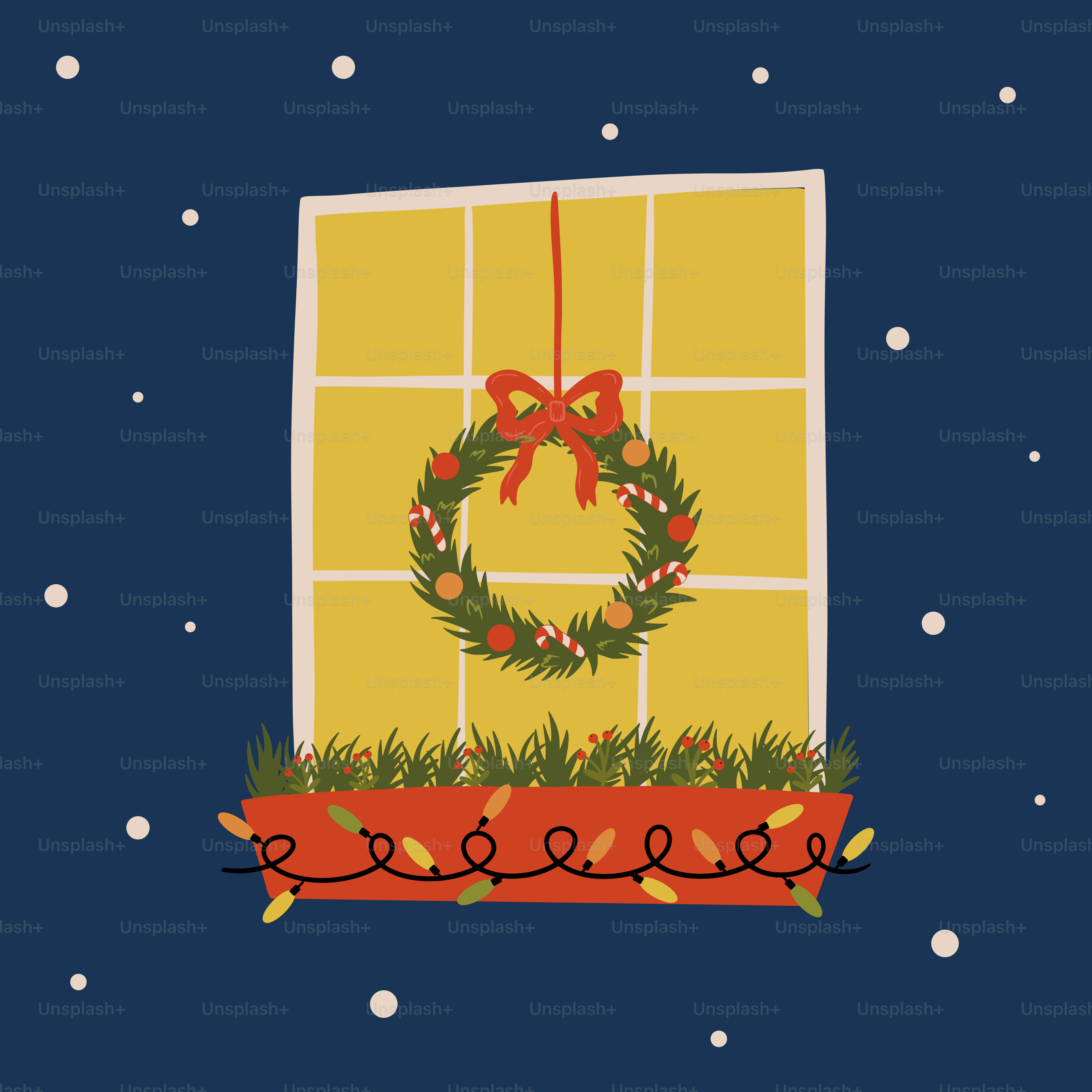 A christmas card with a wreath on a window sill