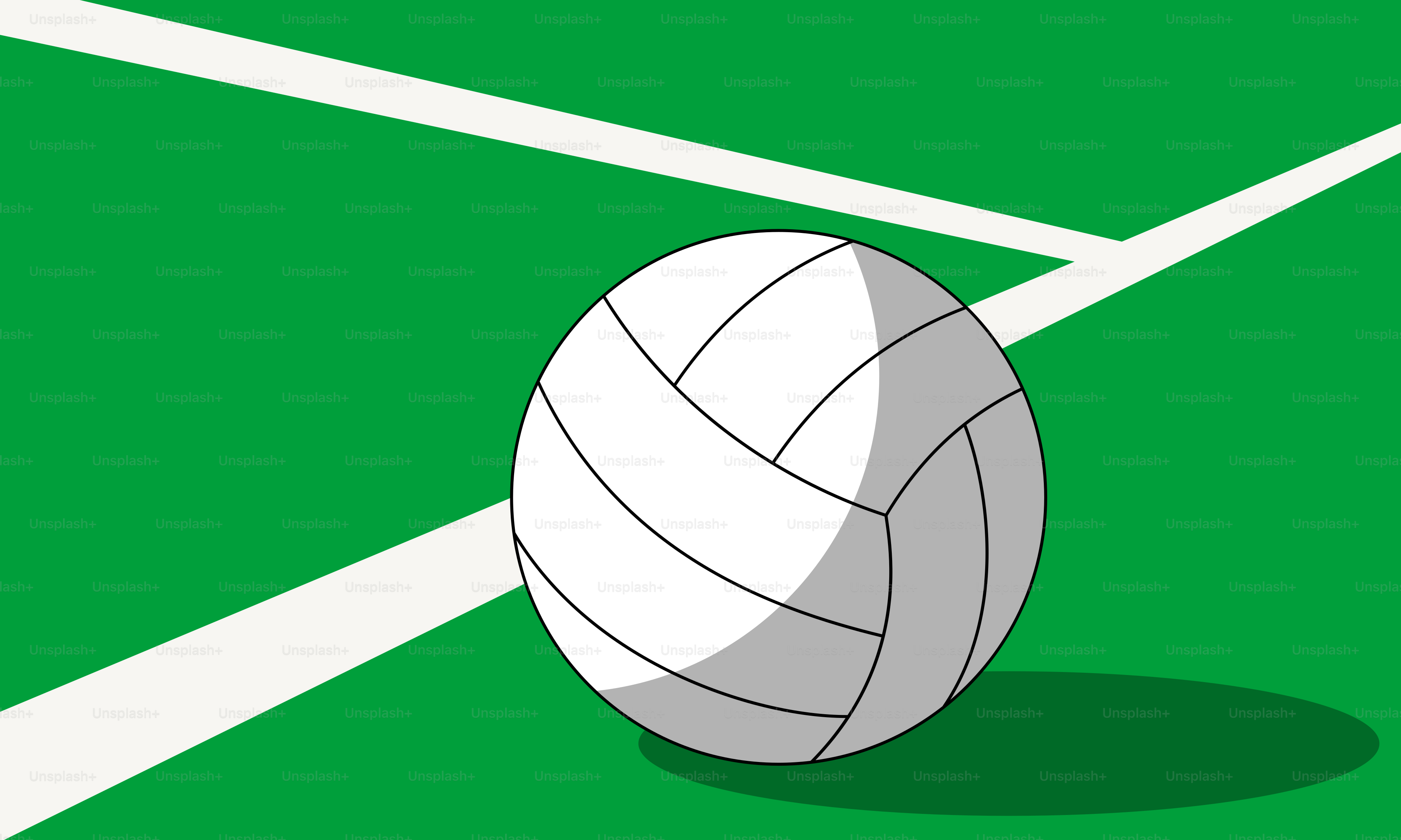 A volley ball on a green court with white lines