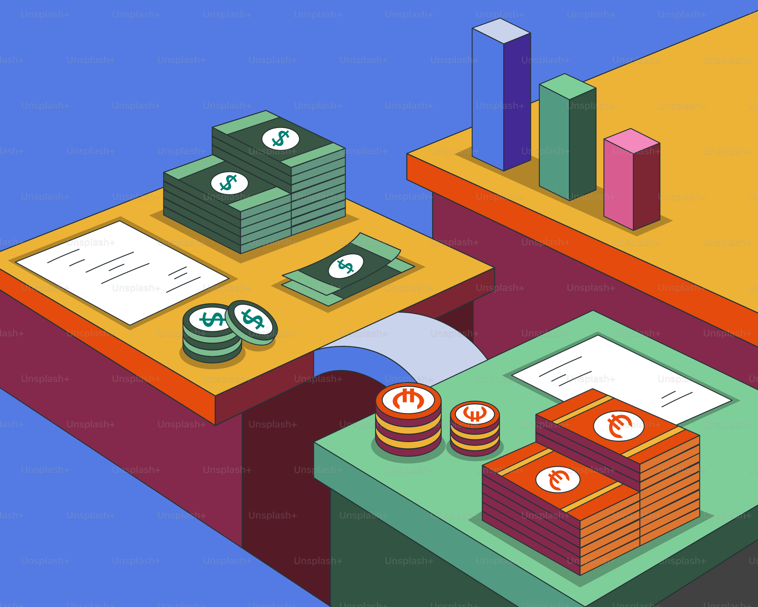 Ein Schreibtisch mit Geldstapeln und Stapeln von Münzen