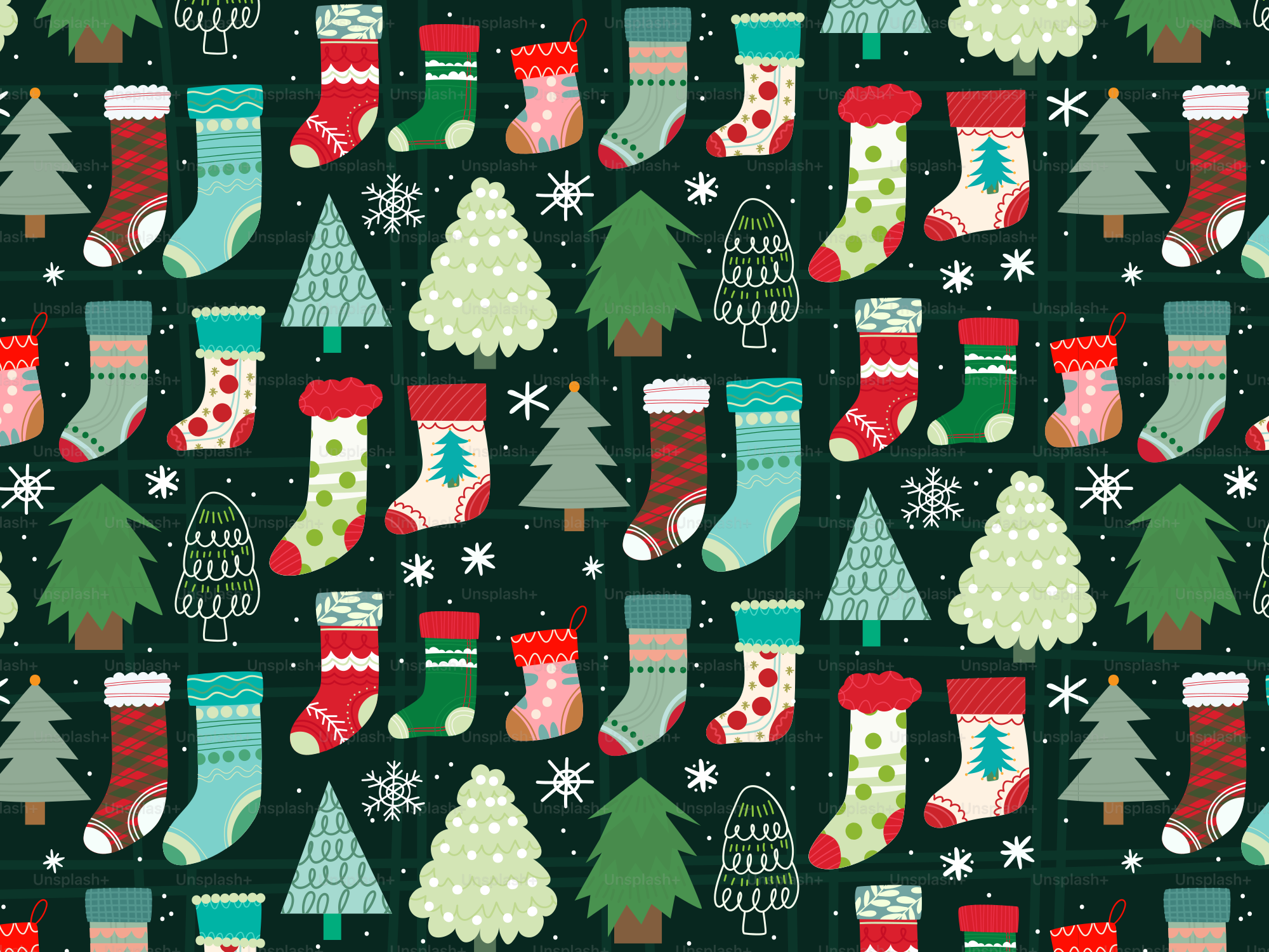 A pattern of christmas stockings and trees on a black background