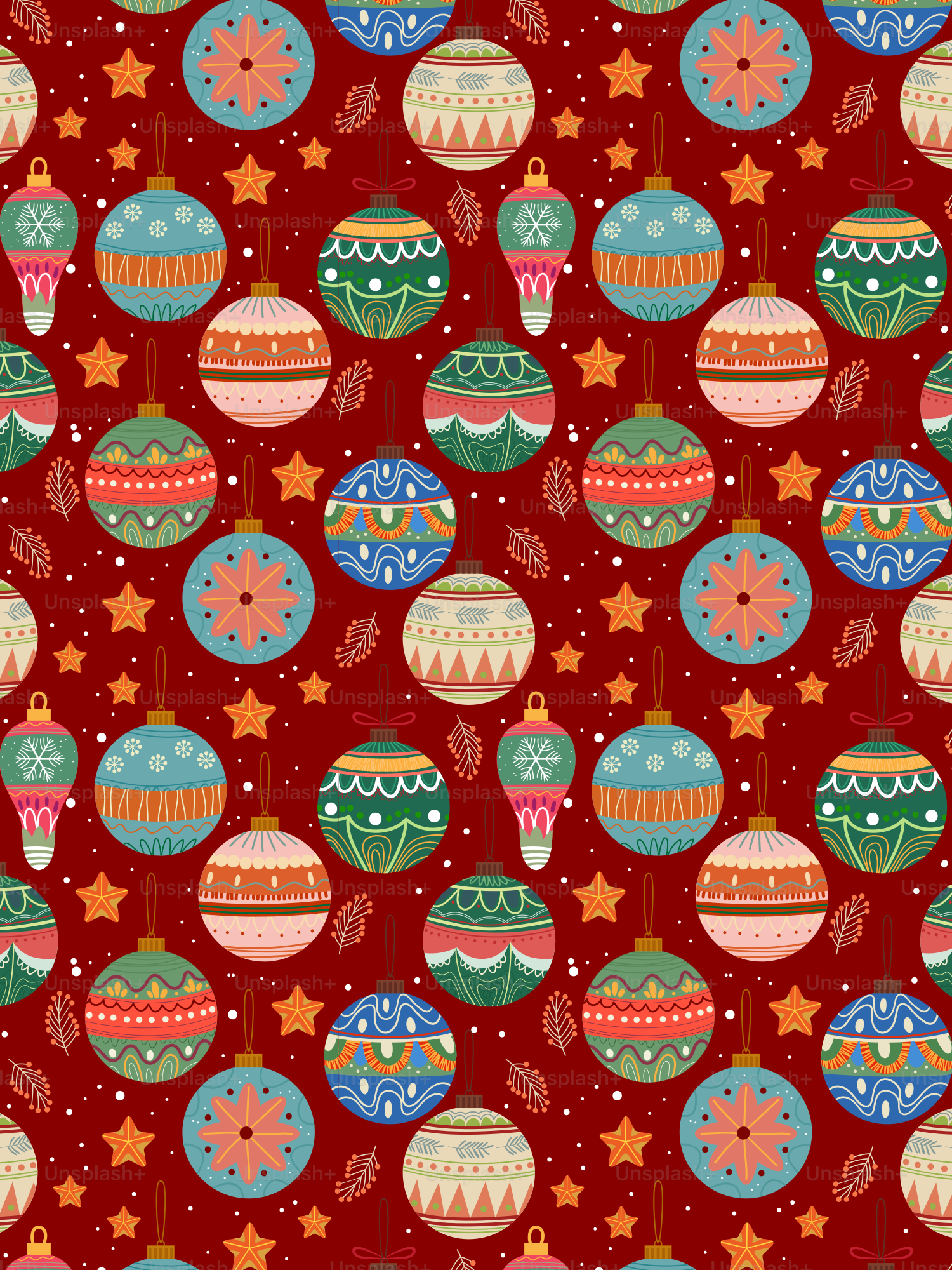 A red background with christmas ornaments and stars