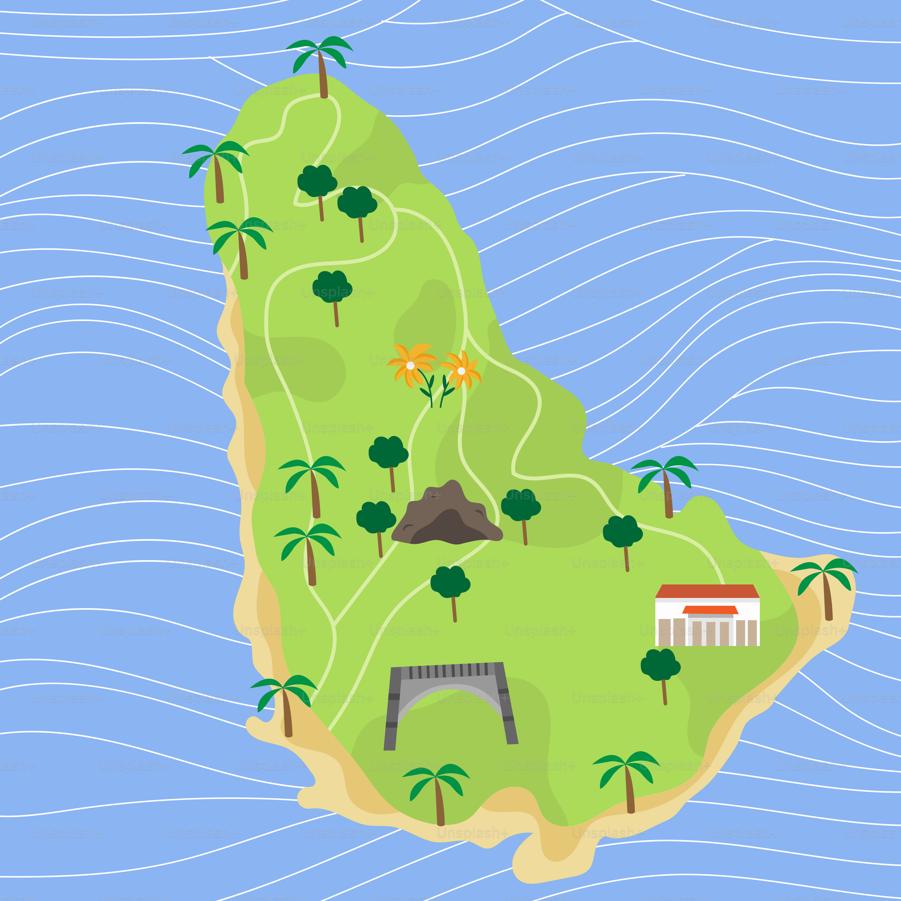 A map of a tropical island with palm trees