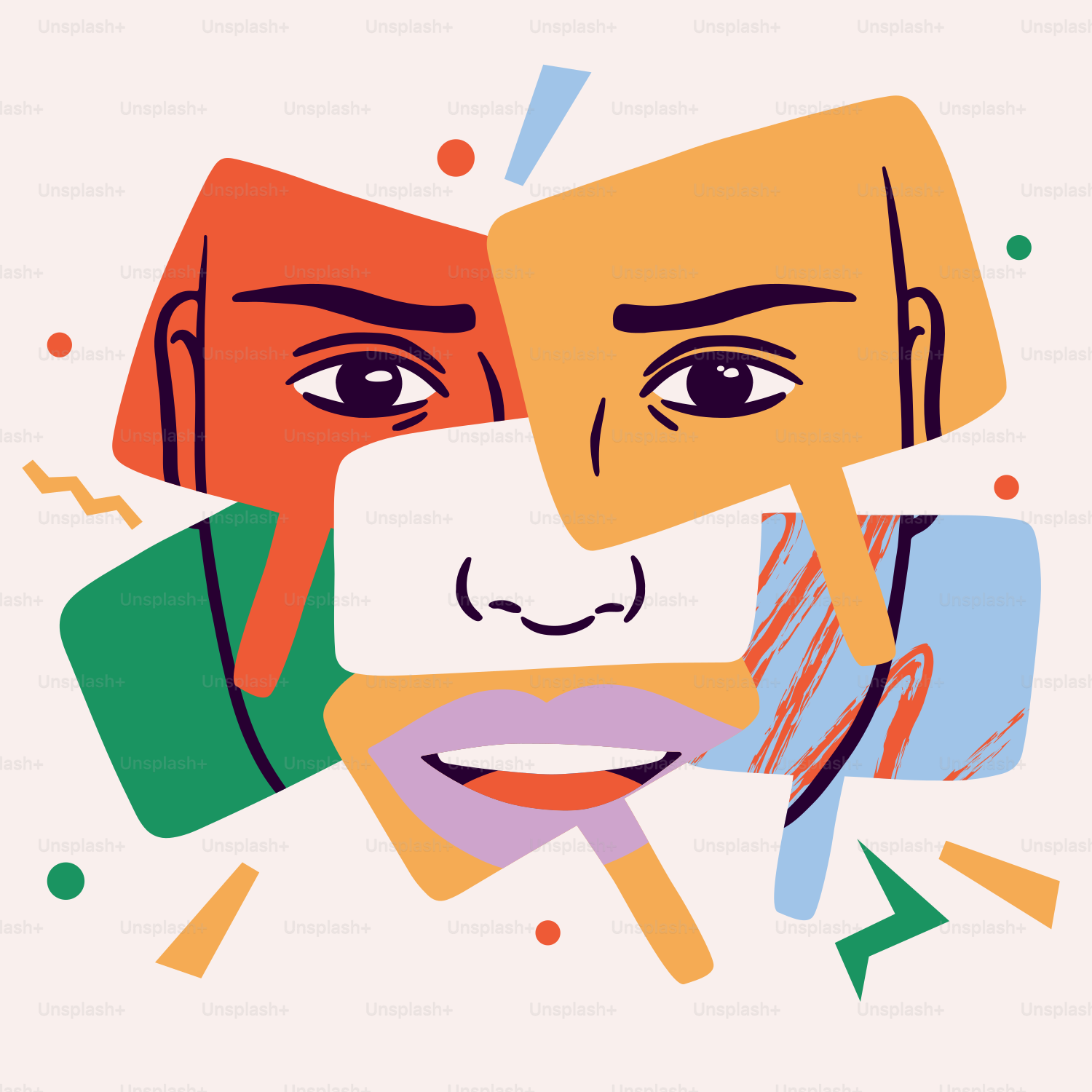 A drawing of a man's face with different colored shapes