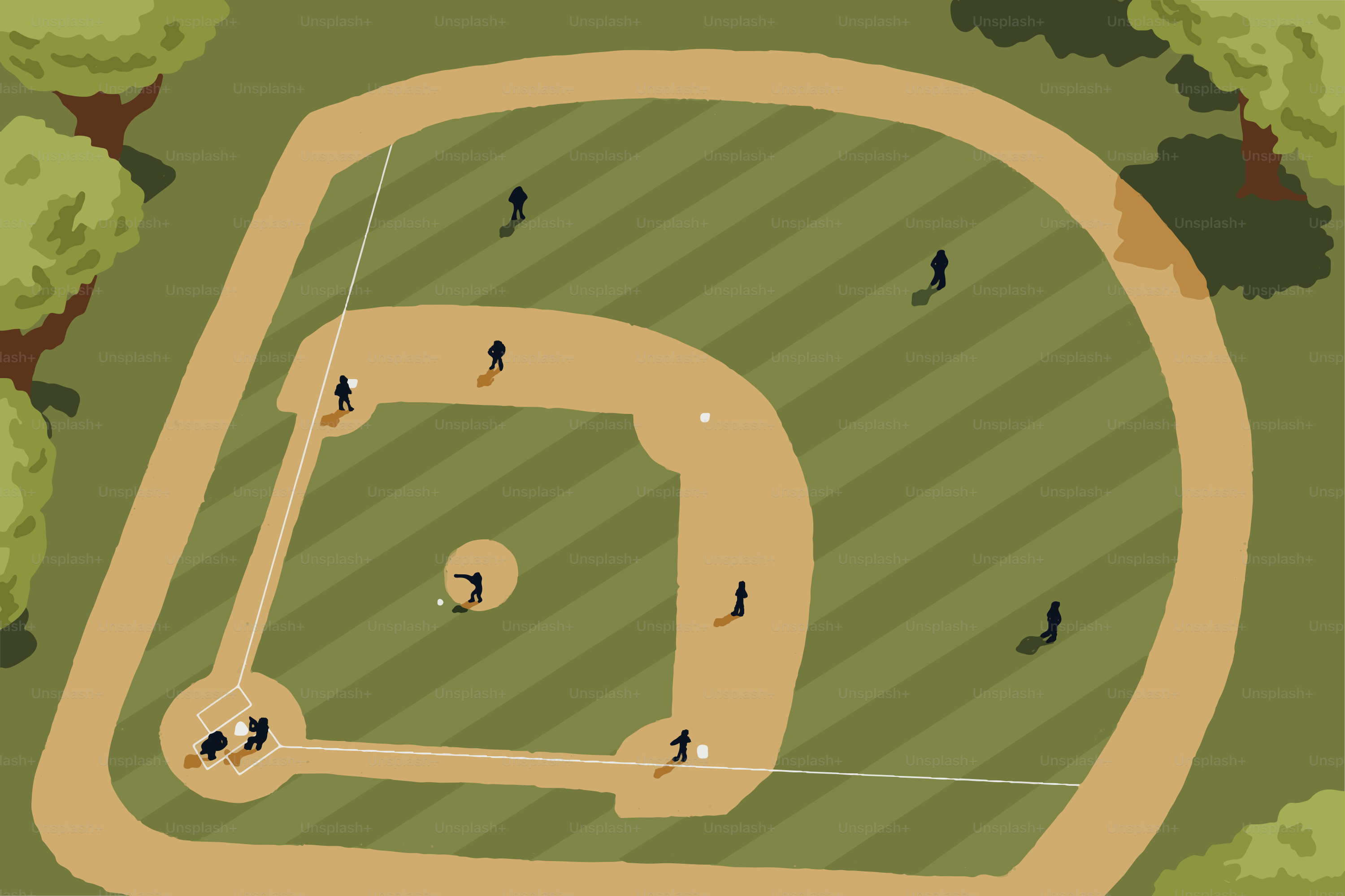 An aerial view of a baseball field with trees