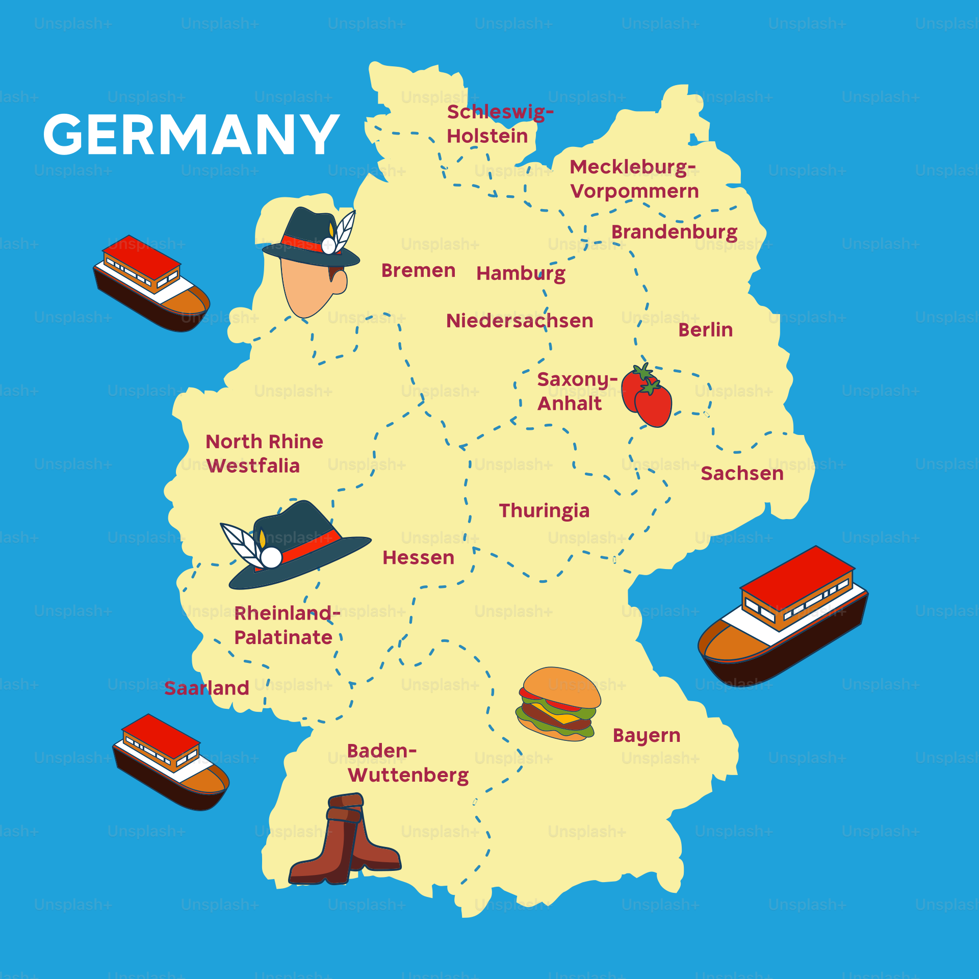 A map of germany with a lot of things on it