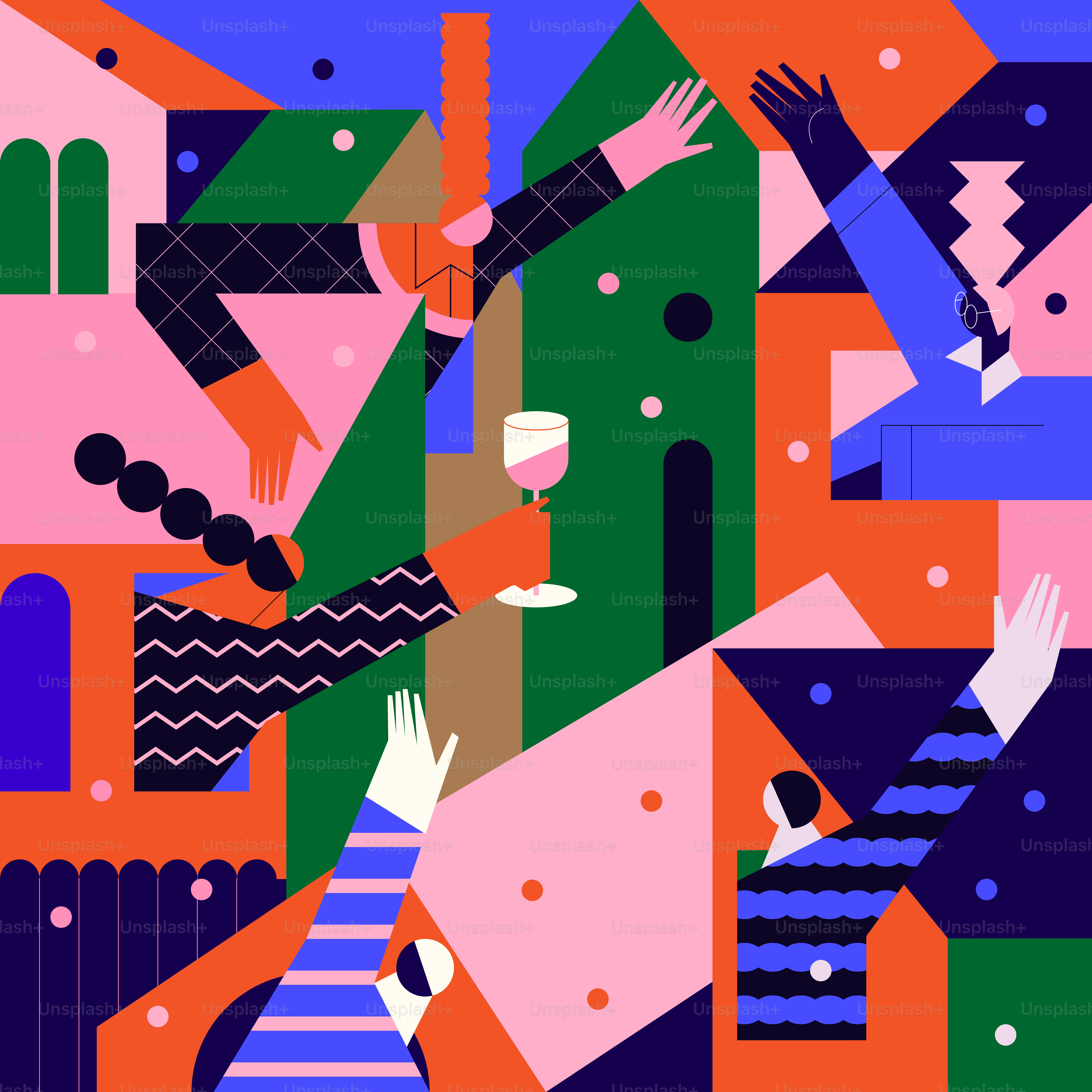 A colorful abstract painting of people and buildings