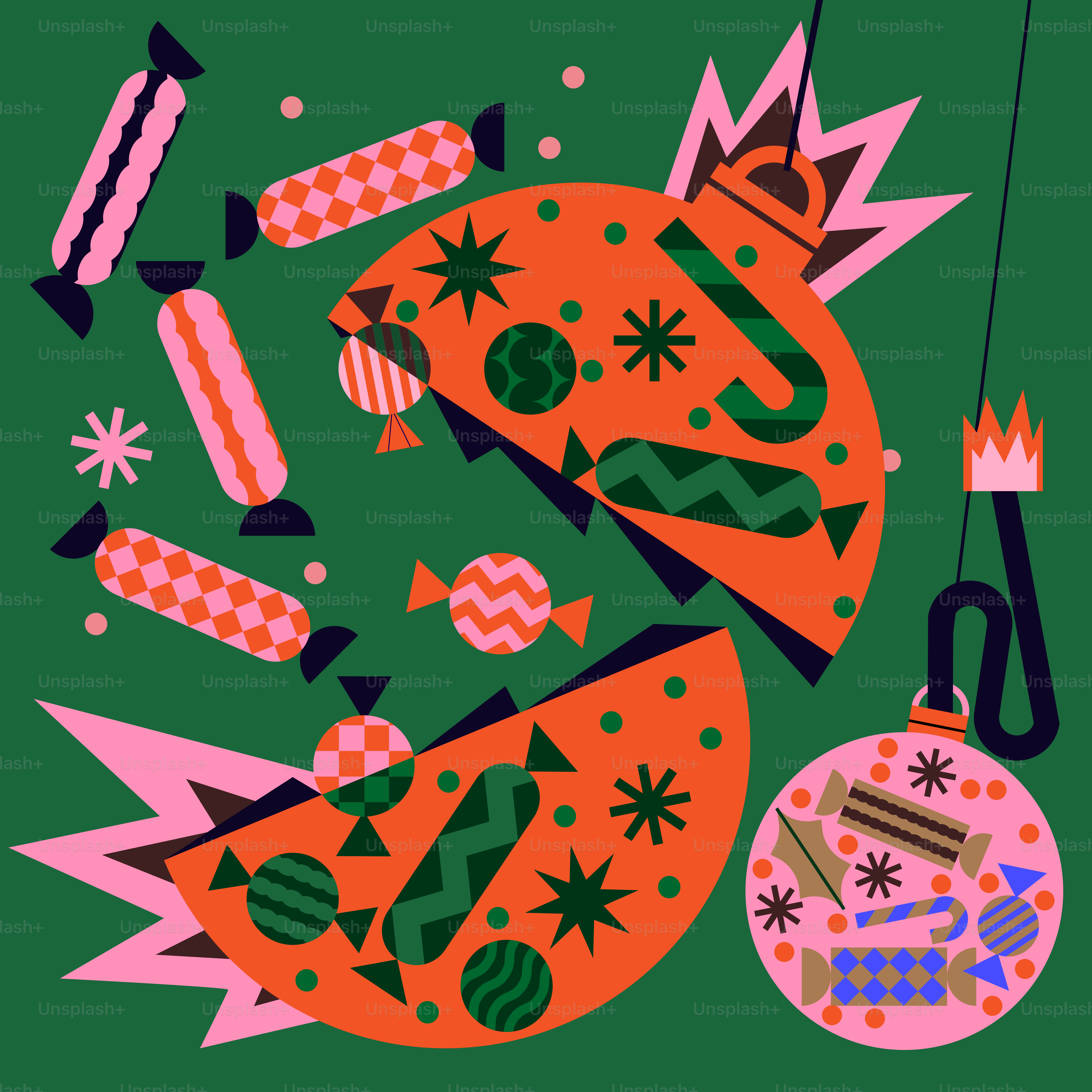 A green background with an orange and pink design