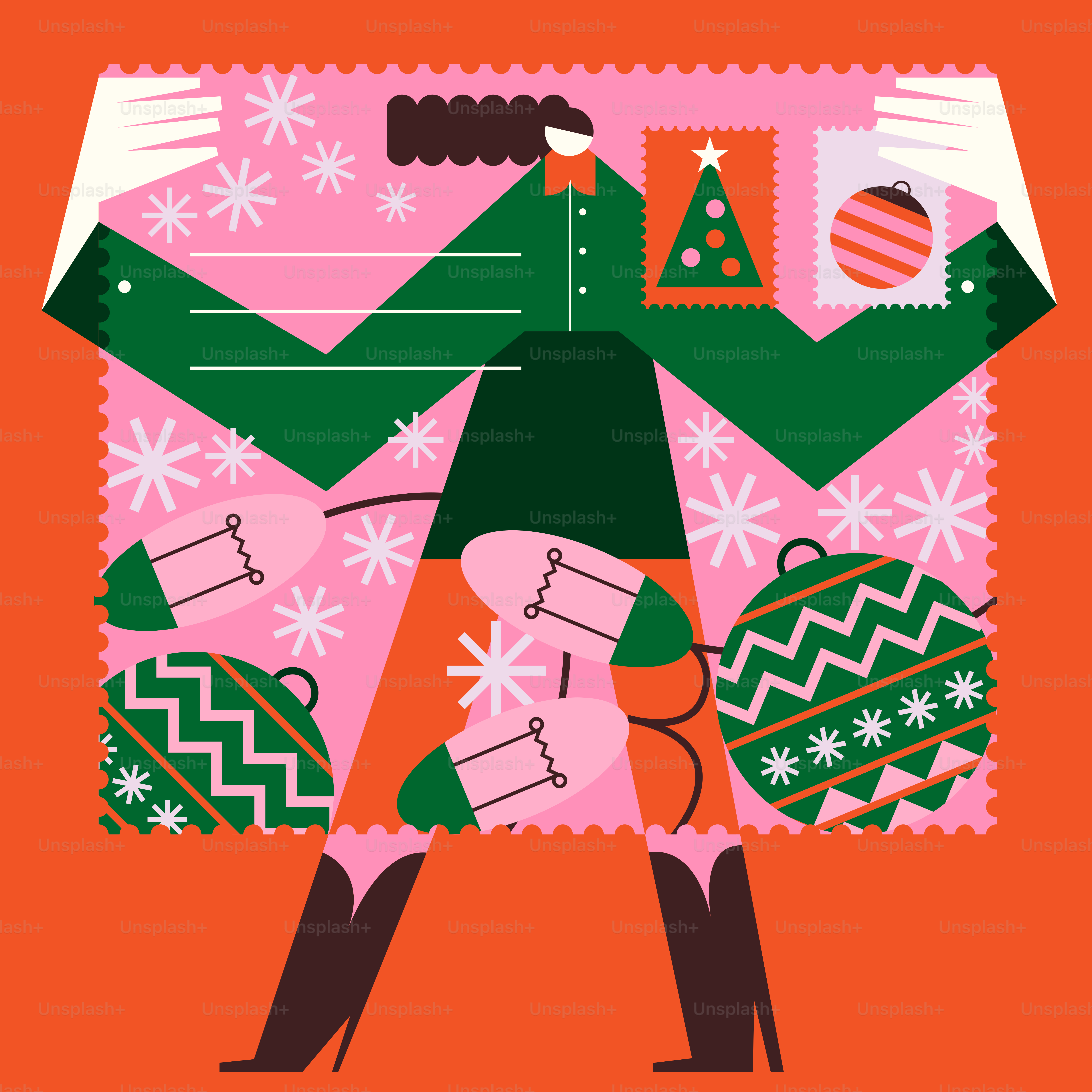A pink poster with a picture of a woman in a green sweater
