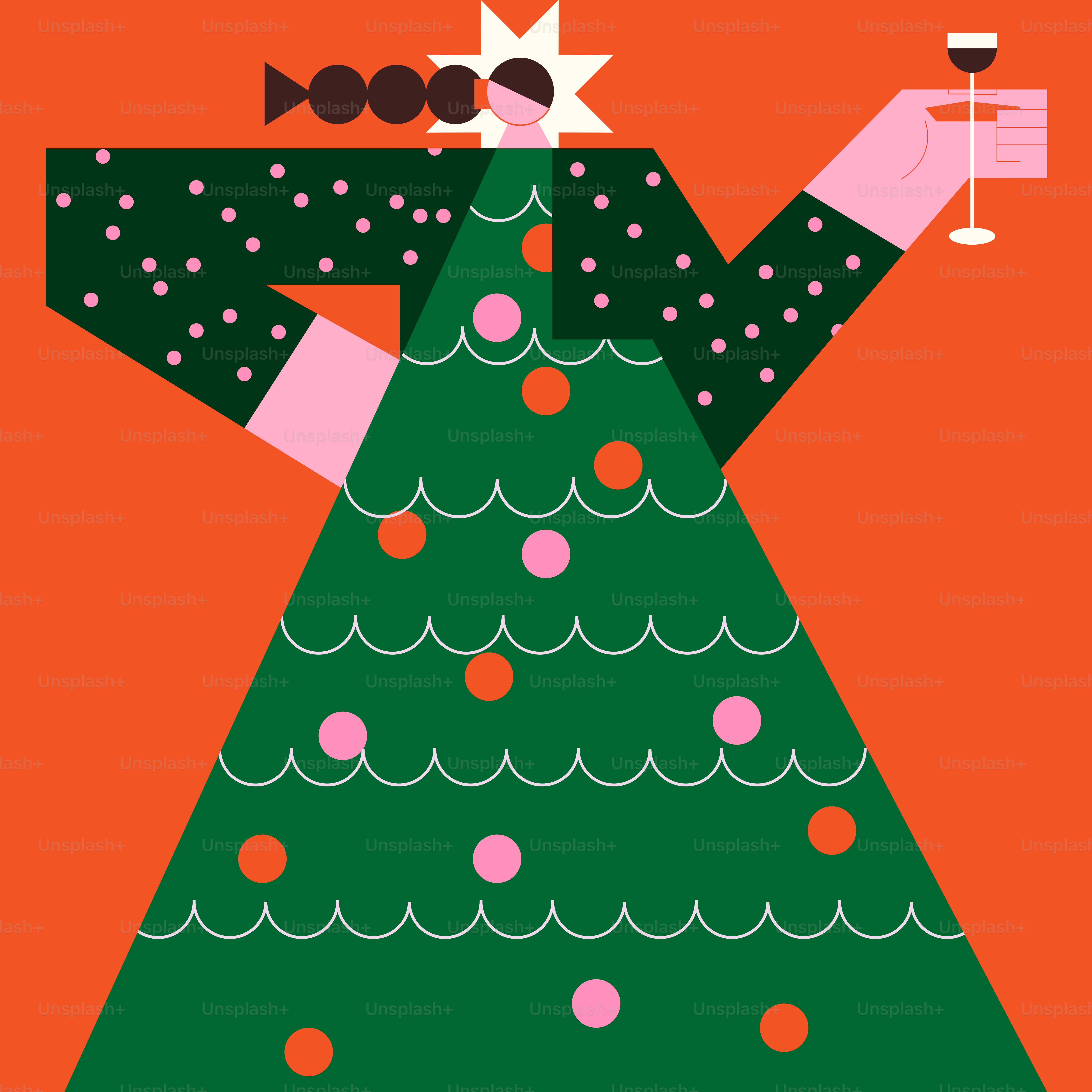 A christmas tree with a person holding a wine glass