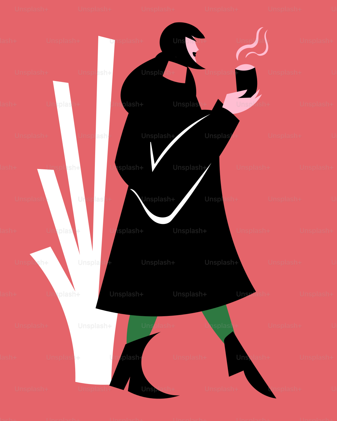 A woman in a black coat holding a cup of coffee