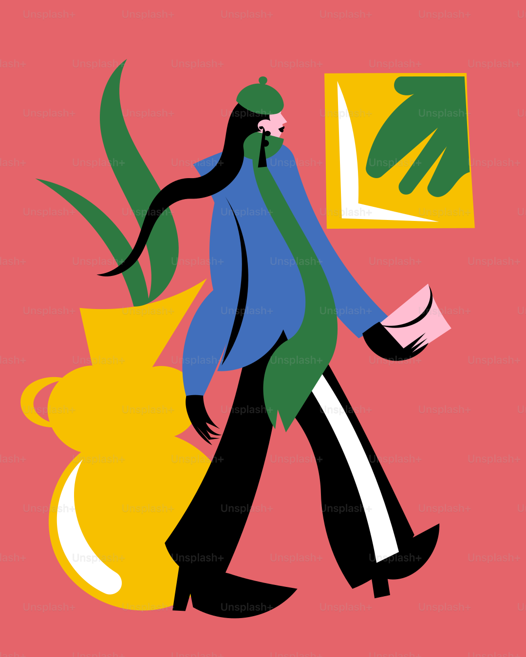 A woman walking past a vase with a plant in it