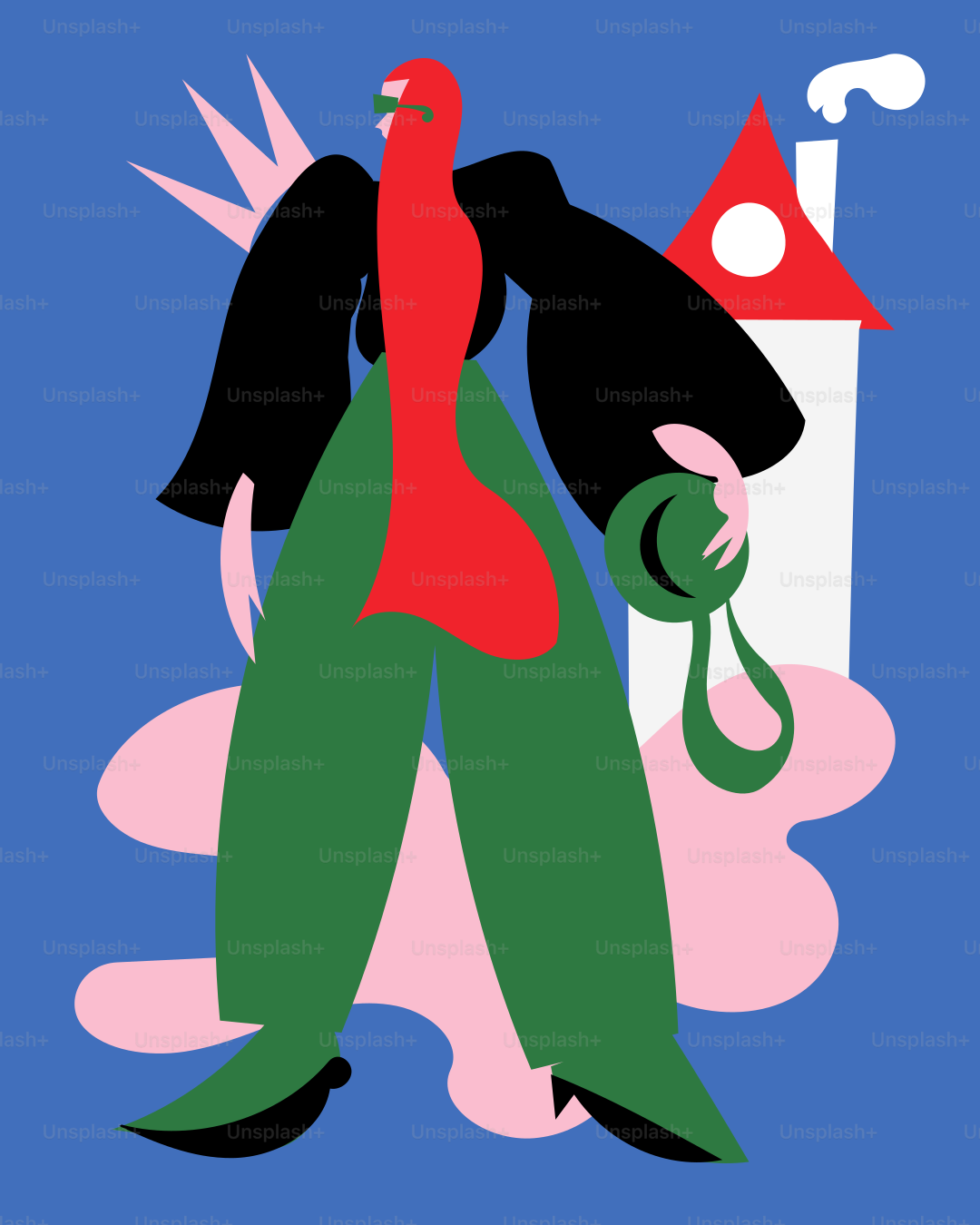 A woman with a bird on her shoulder and a house in the background