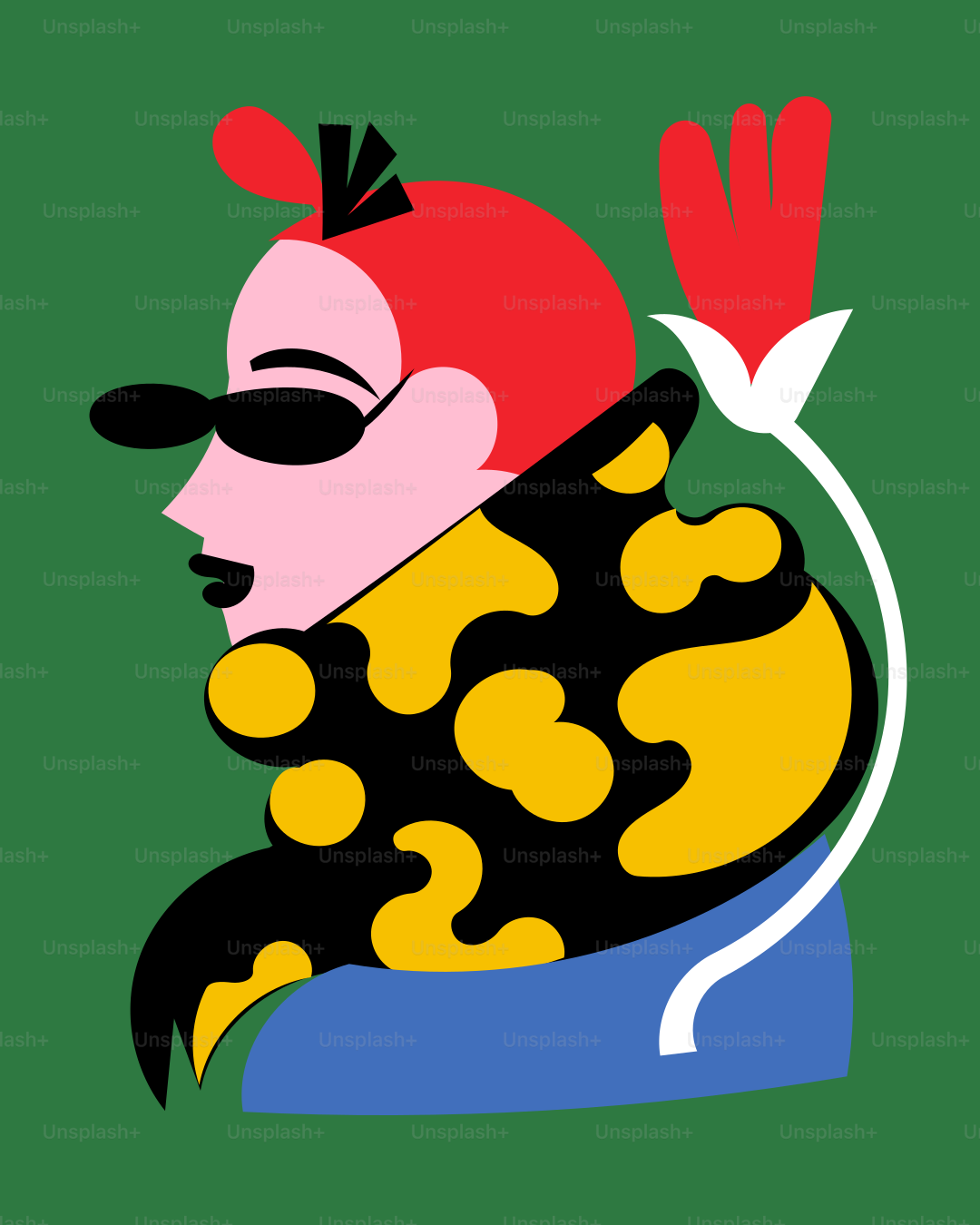 A stylized image of a man with a bird on his head