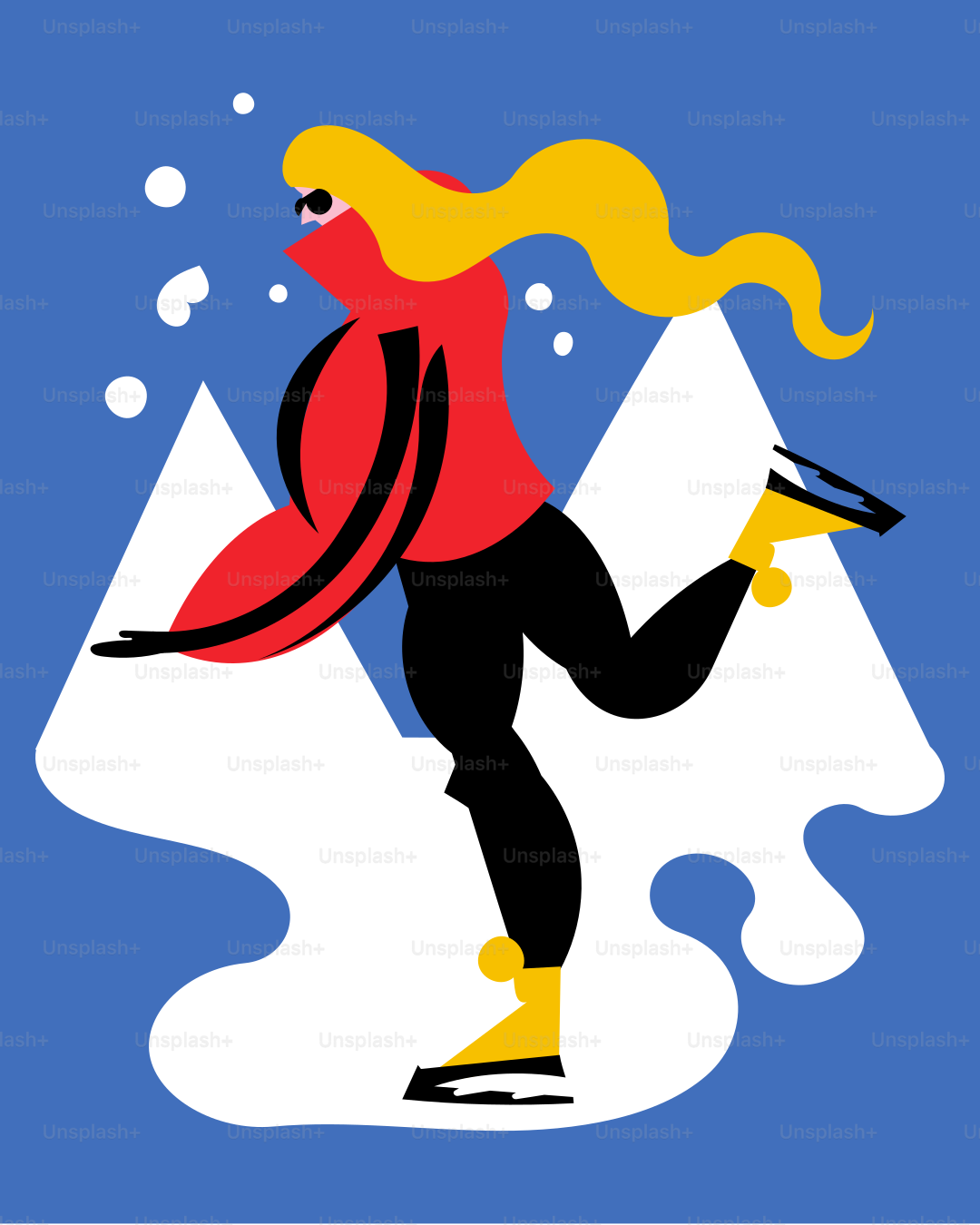 A woman is skiing on a blue background