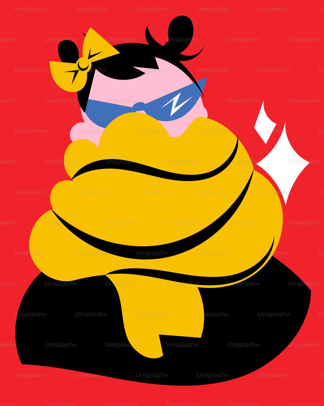 A woman in a yellow robe with a bow on her head