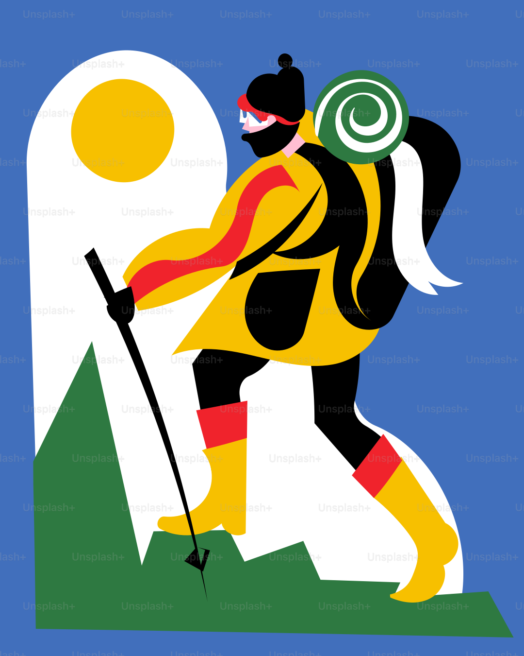 A stylized illustration of a man hiking up a mountain