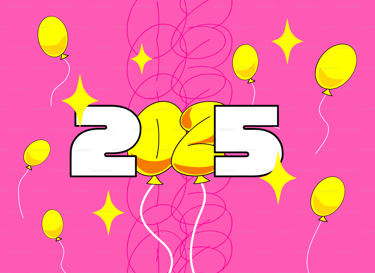 A pink background with yellow balloons and the number twenty five