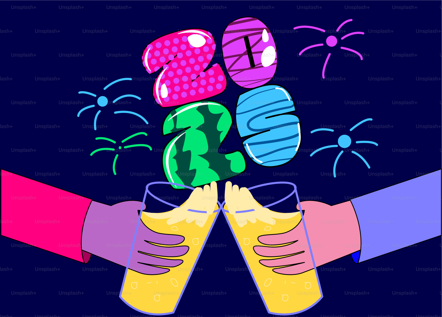 Two hands holding glasses of beer with fireworks in the background