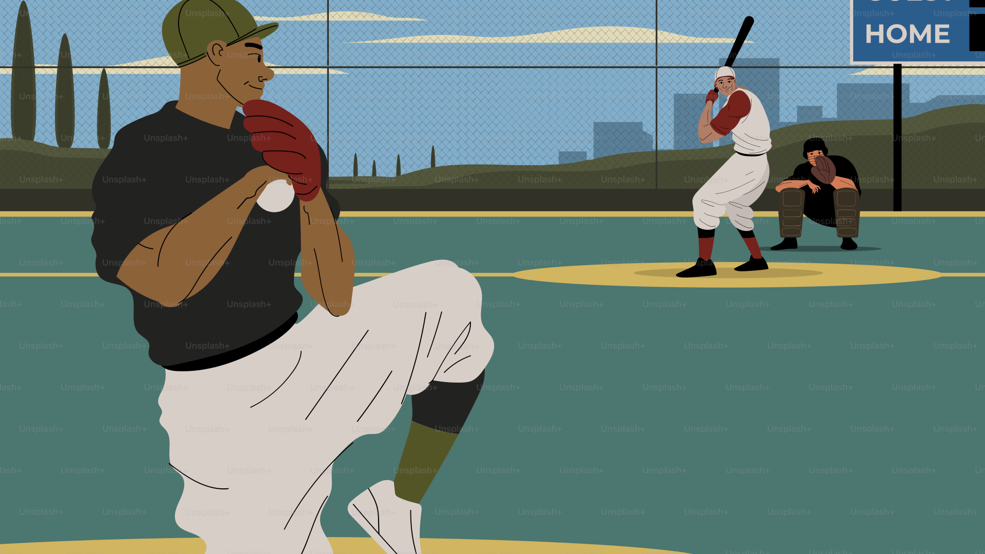 A cartoon of a baseball player holding a bat