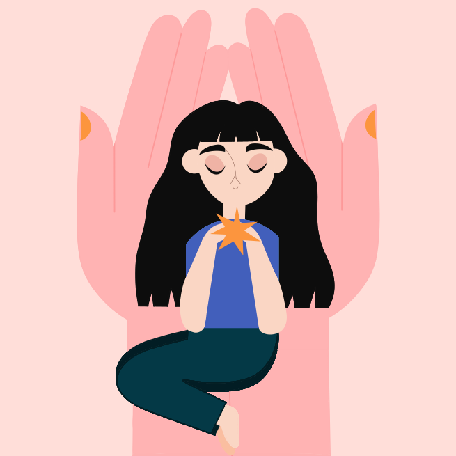 A woman sitting in a yoga position with her hands together