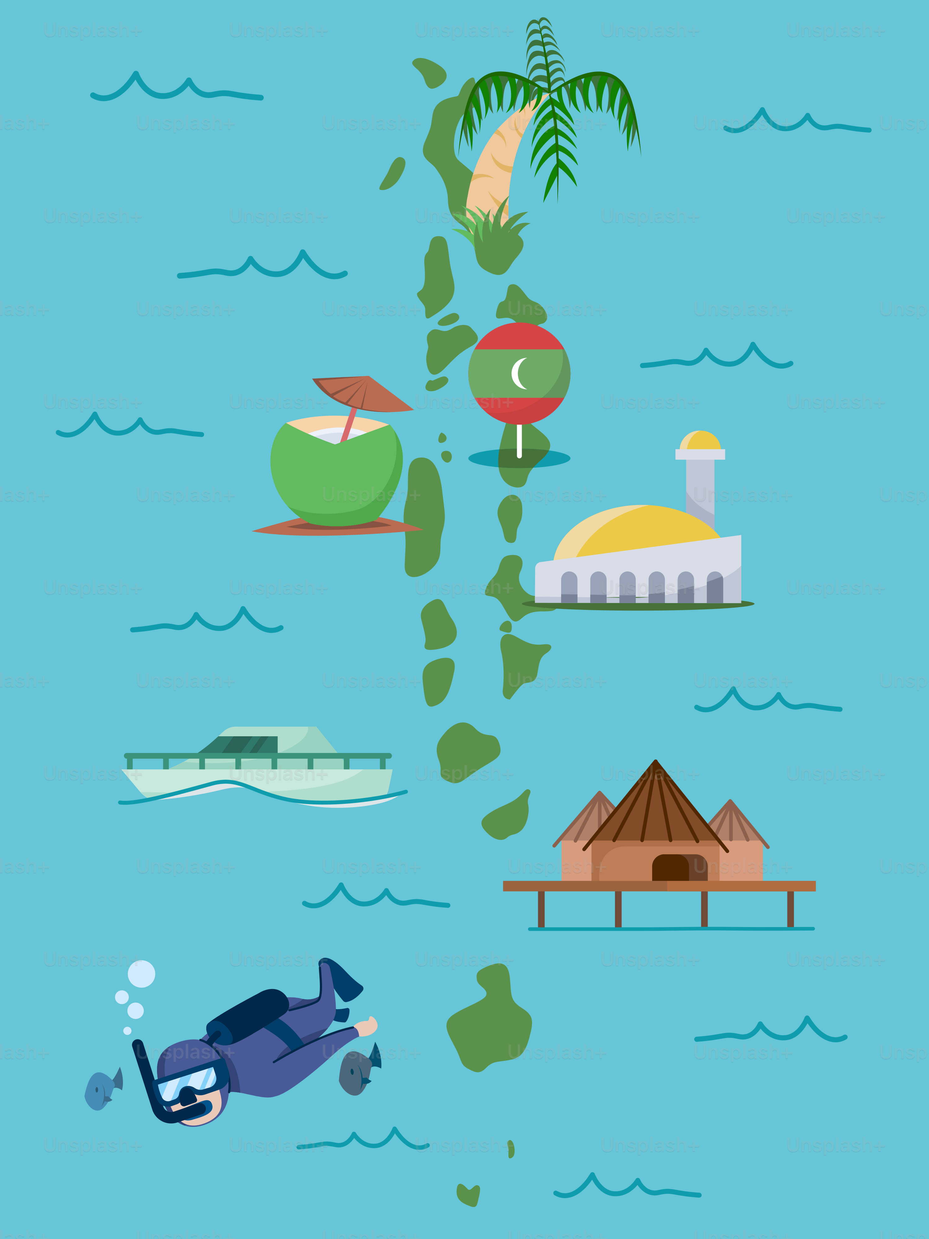 A poster of a tropical island with a plane flying over it