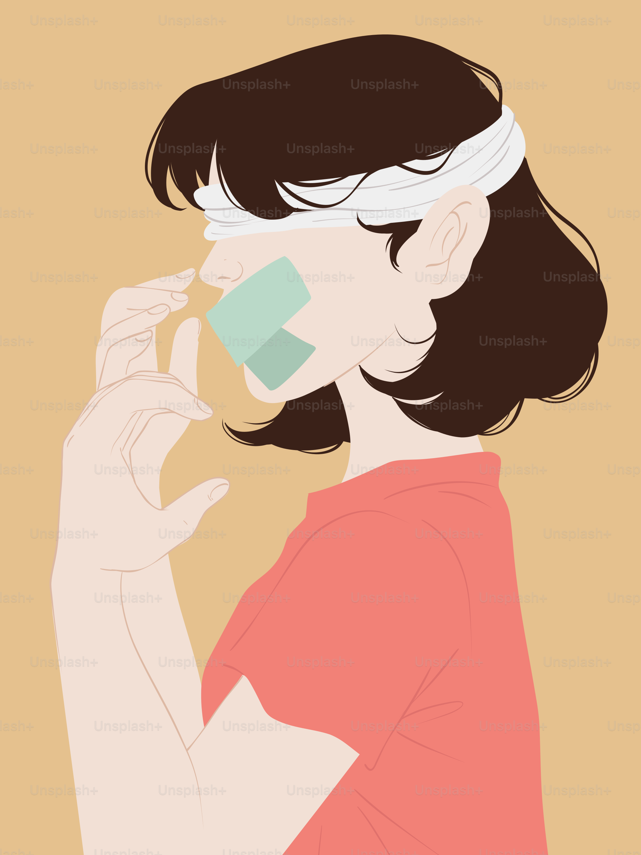 A woman with a blindfold on her face