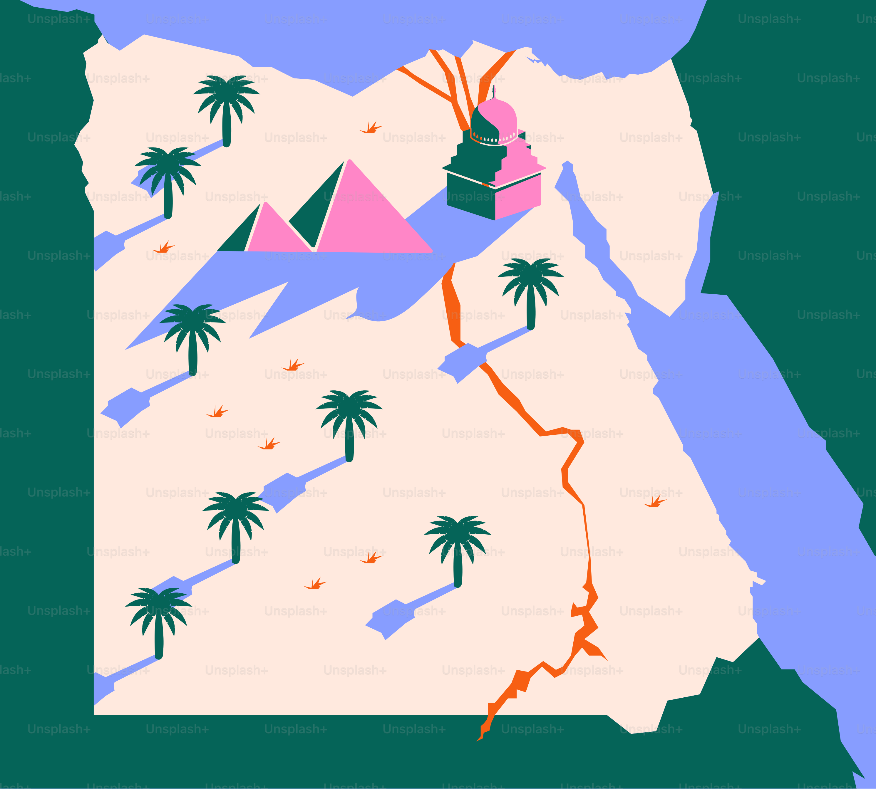 A map of a desert with palm trees