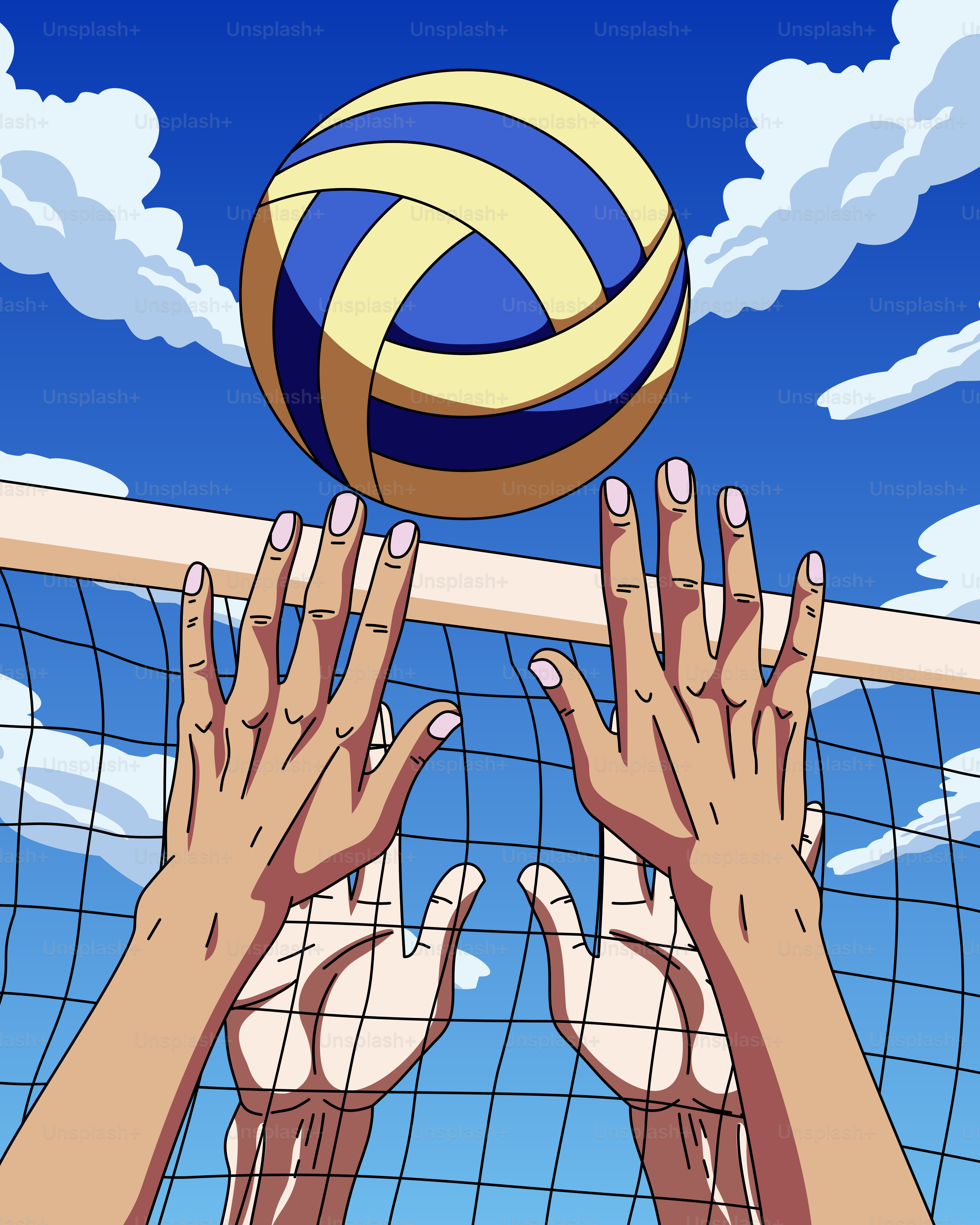 A group of people reaching up to hit a volleyball