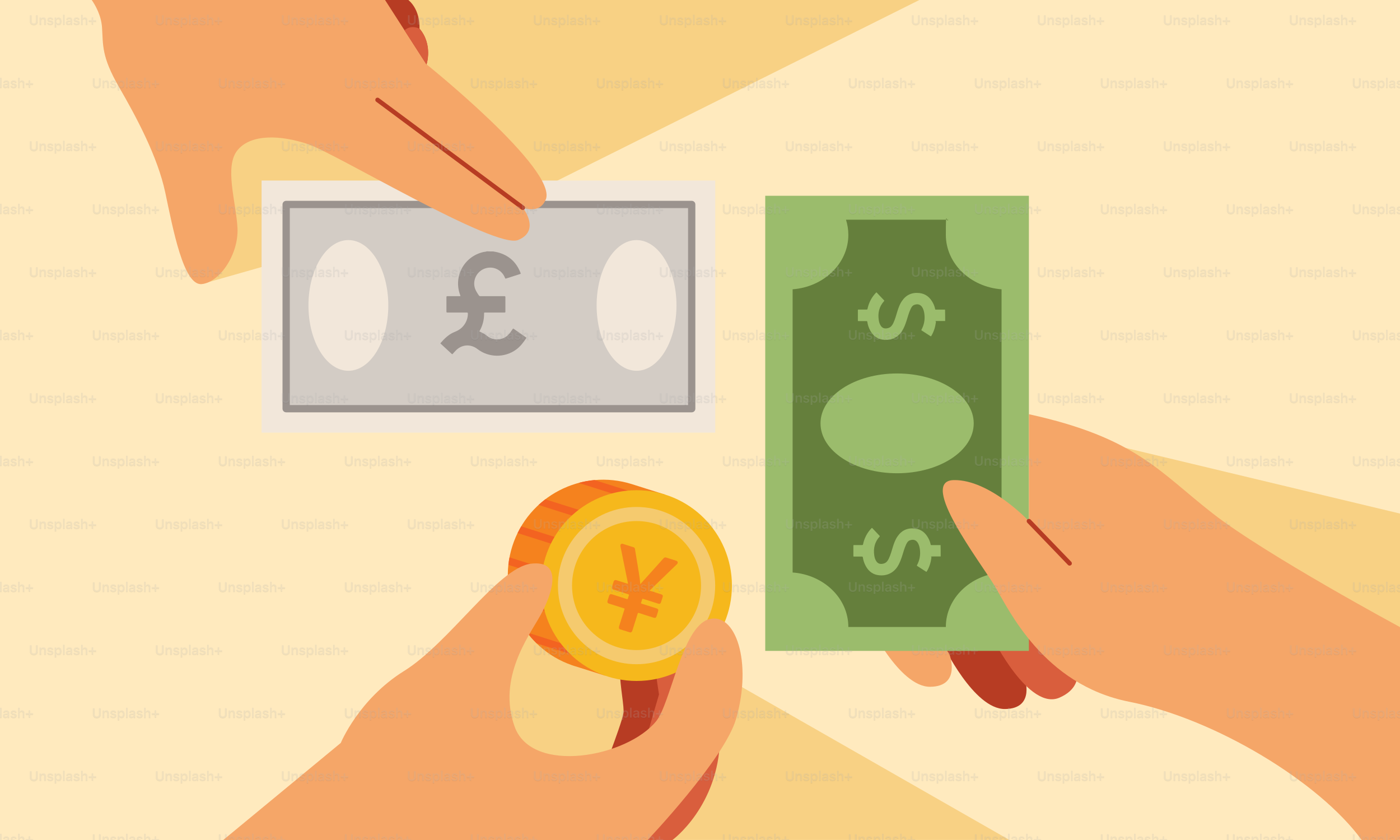 Two hands exchanging money over a stack of coins