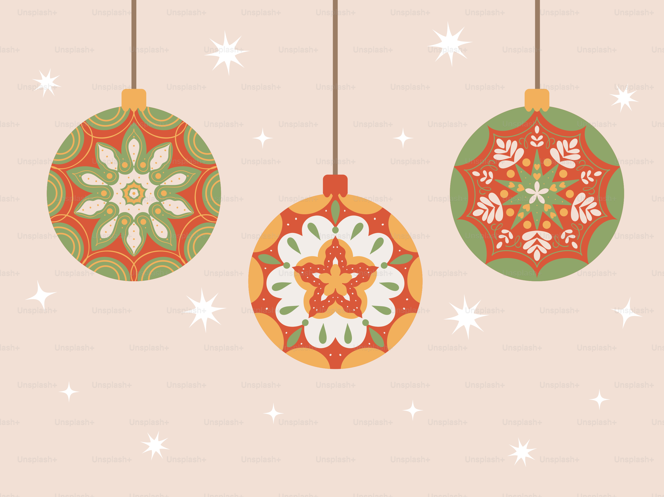 Three ornaments hanging from a string on a pink background