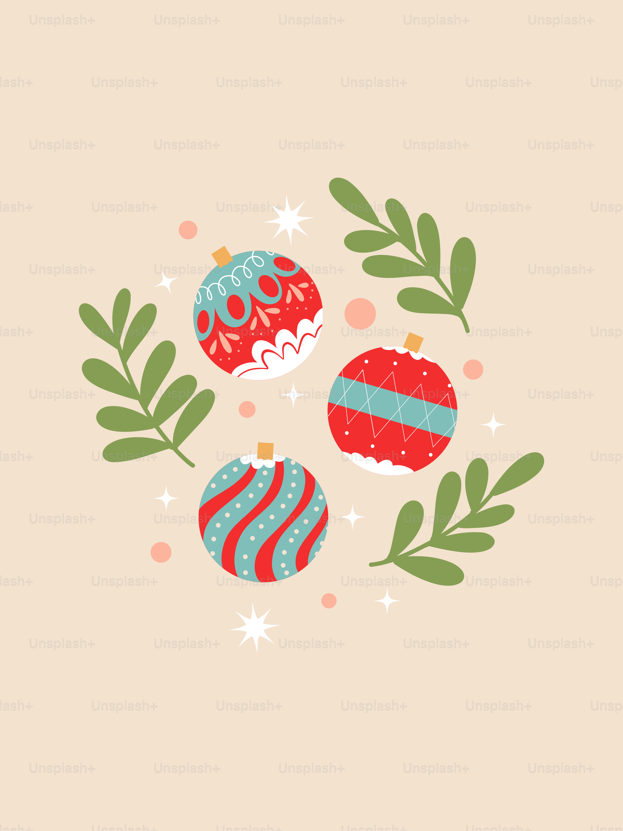 Une carte de Noël avec trois décorations dessus