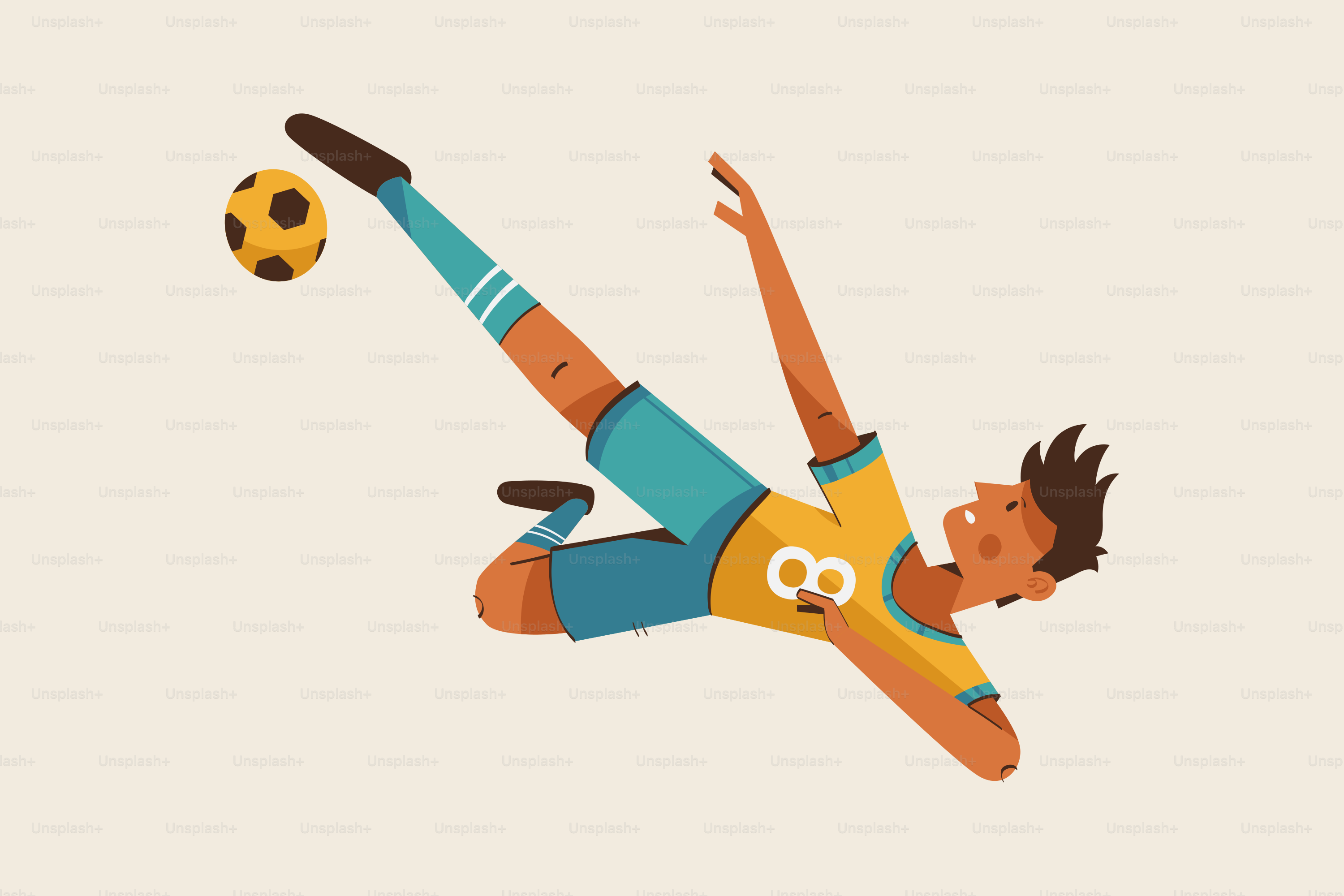 黄色と青のユニフォームを着た男がサッカーボールを蹴っている