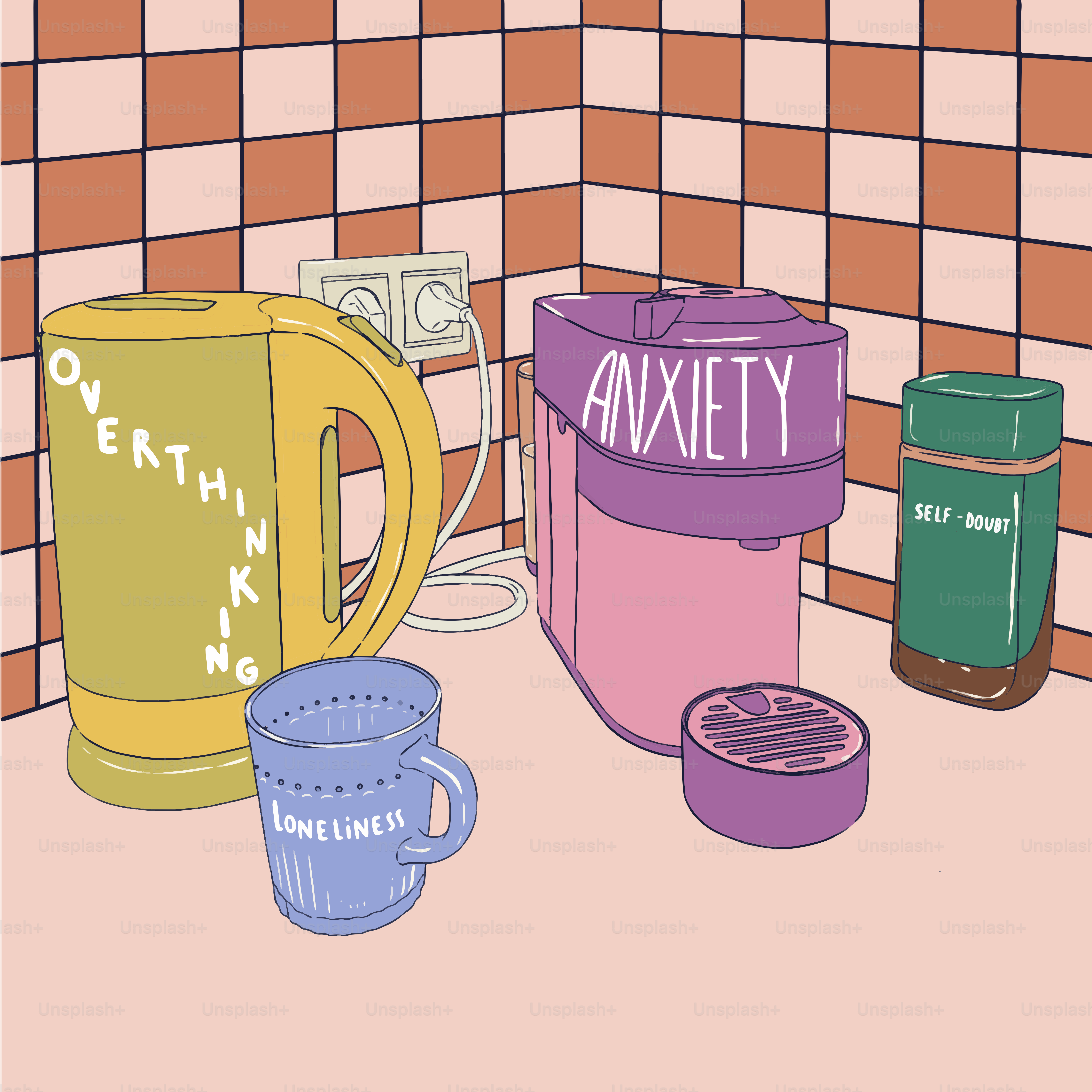 A drawing of a kitchen counter with a blender, mugs, and a