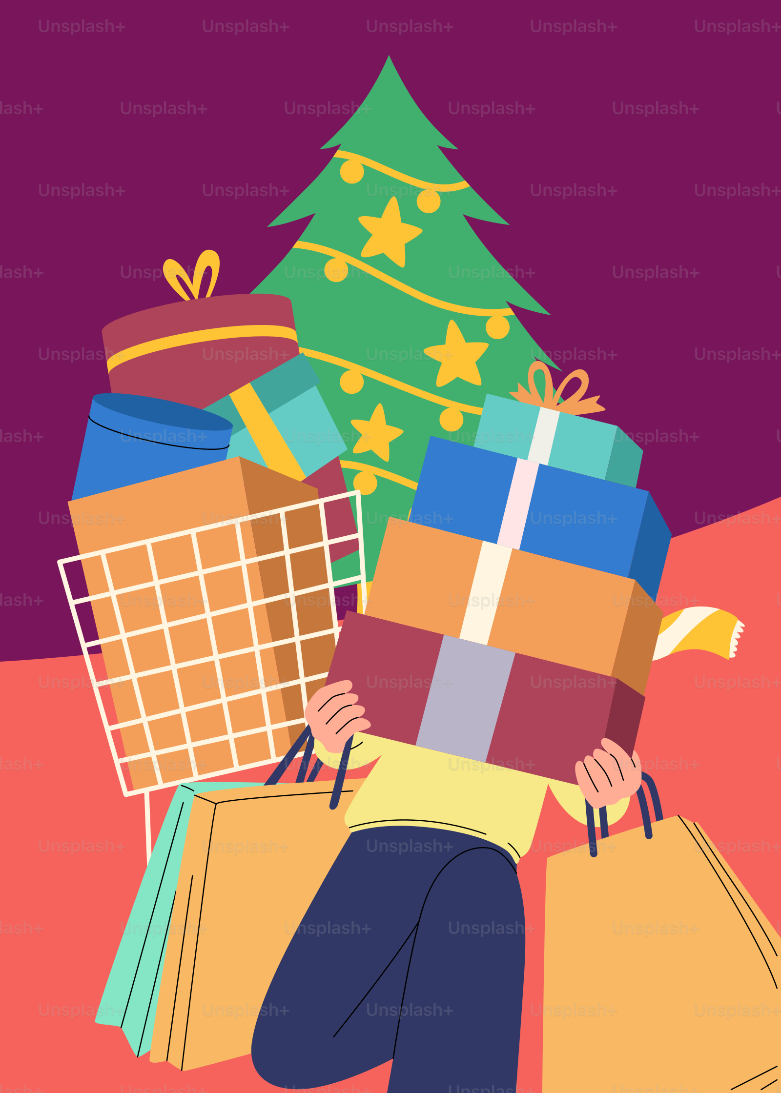 A person holding a bunch of presents in front of a christmas tree