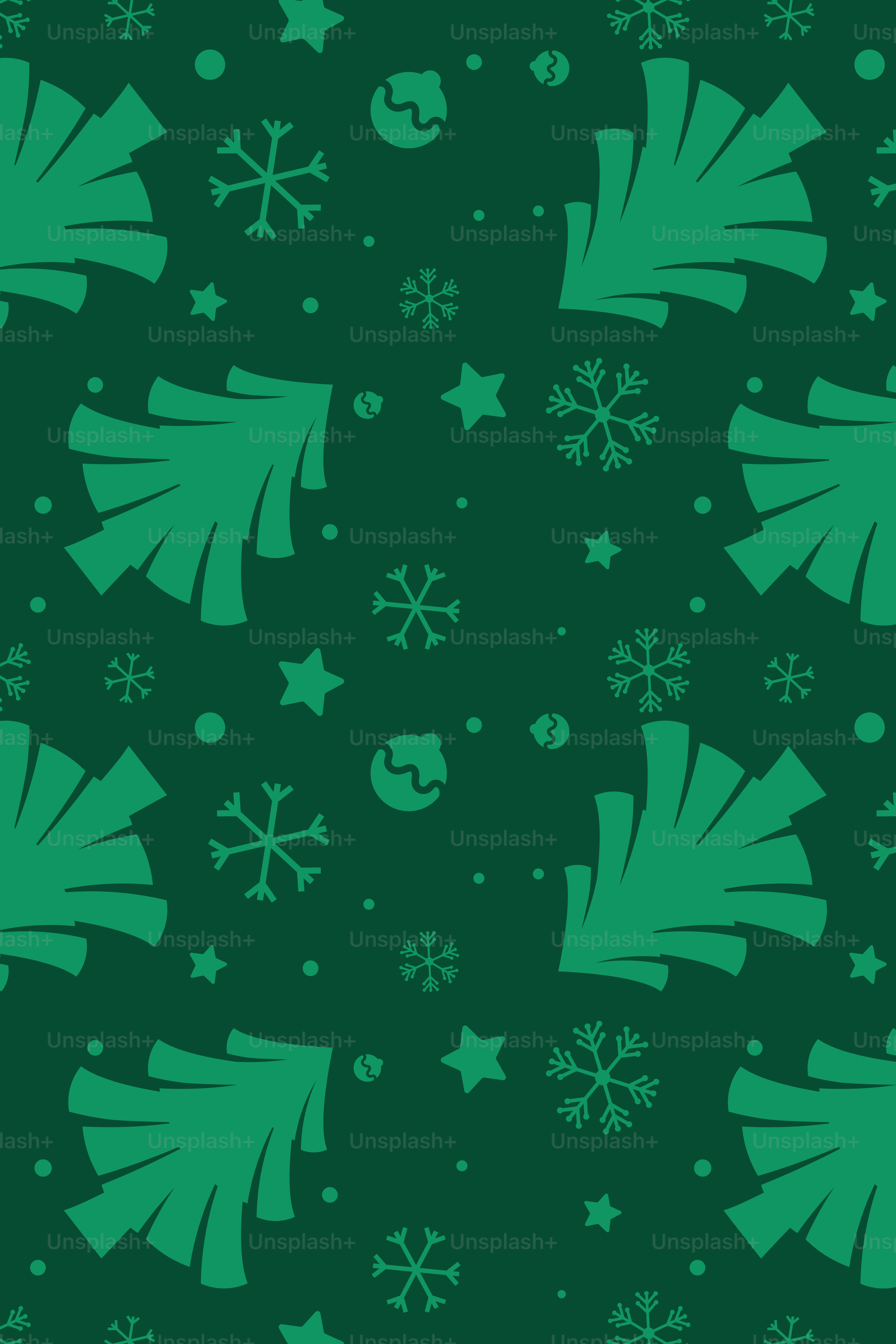 Un fond vert avec des flocons de neige et des étoiles