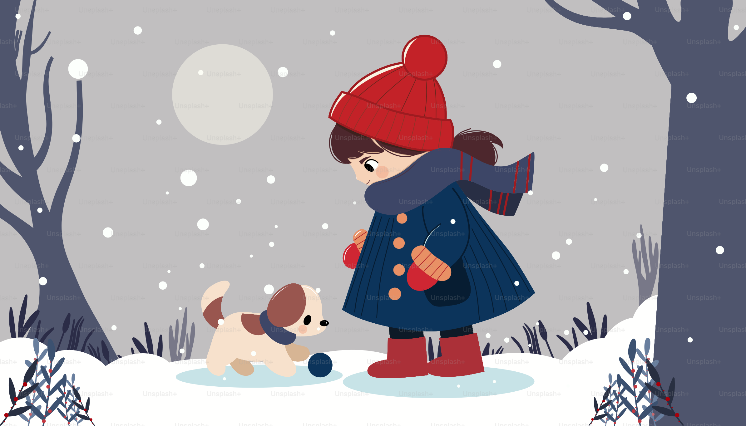 Una bambina che gioca con un cane nella neve