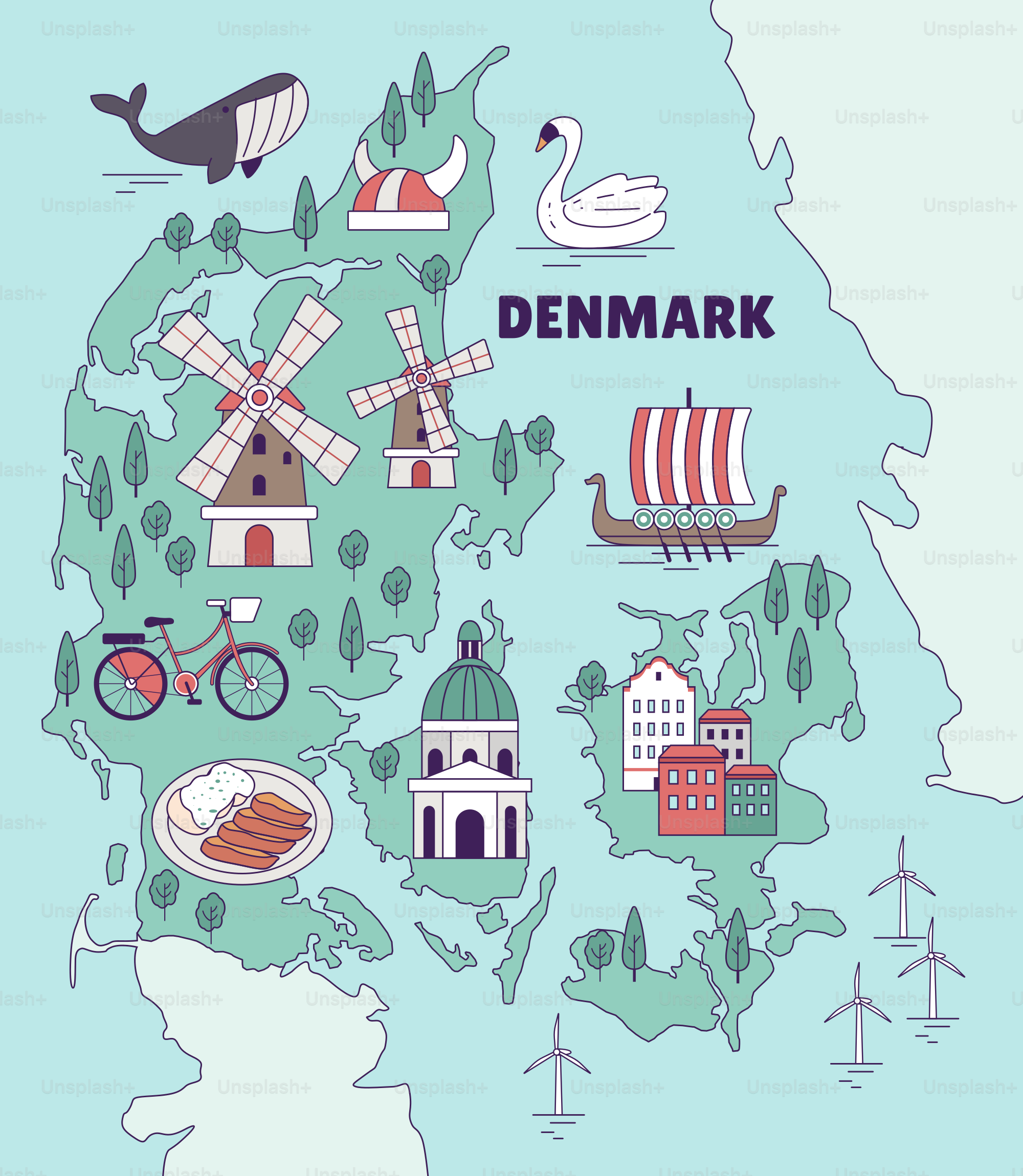 A map of denmark with a bunch of things on it