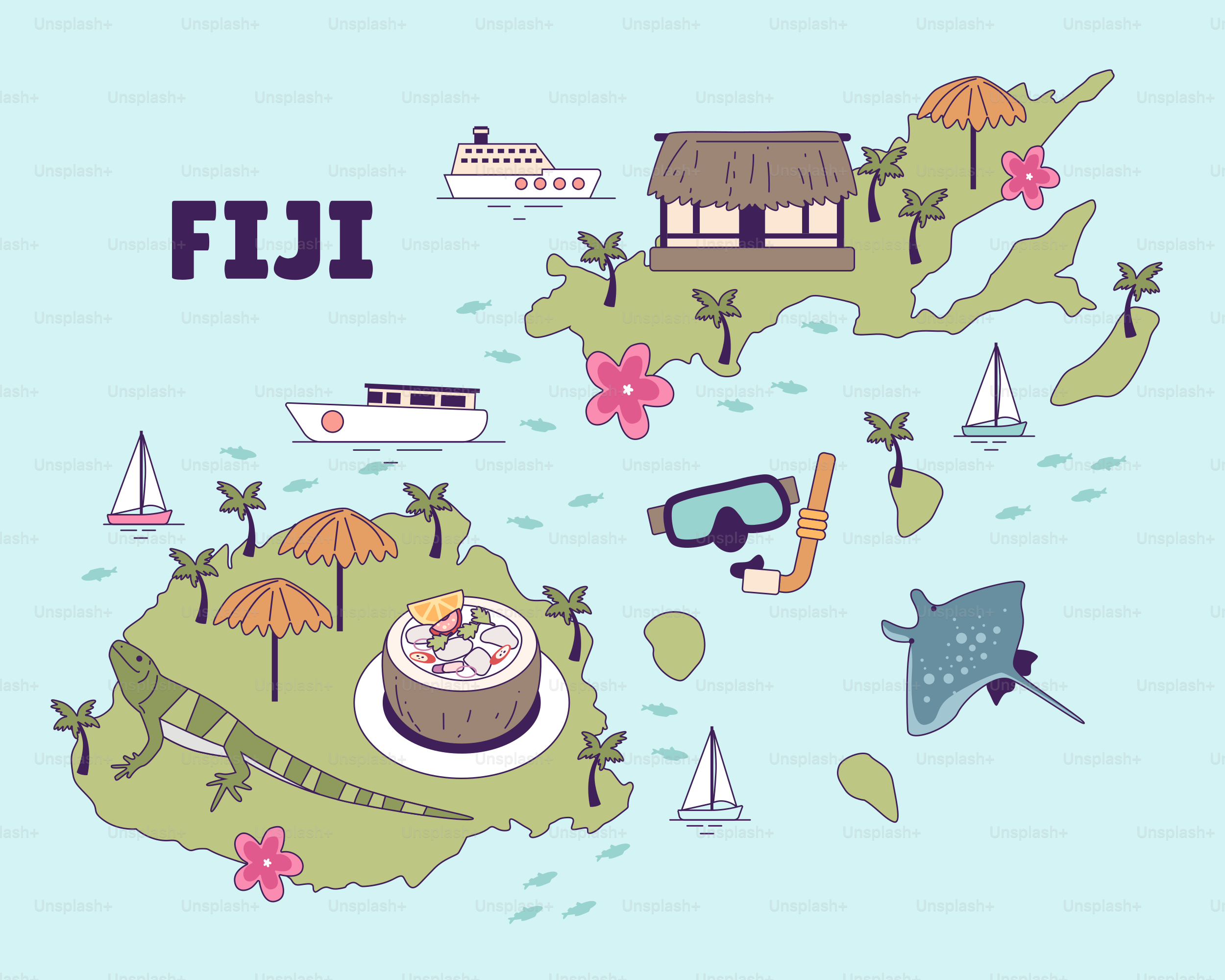 A map of fiji with a bunch of different things on it